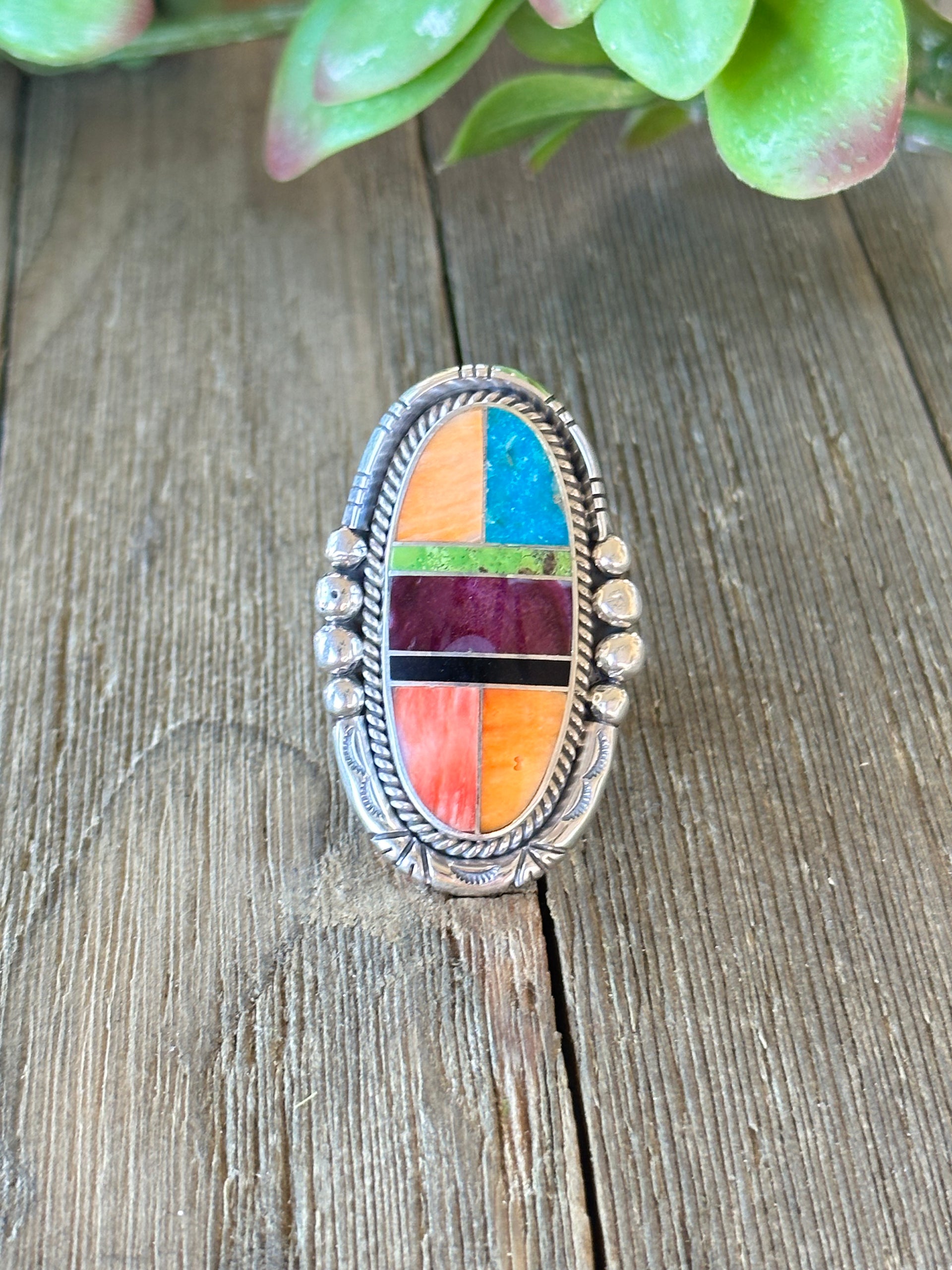 Navajo Made Multi Stone & Sterling Silver Inlay Ring Size 8