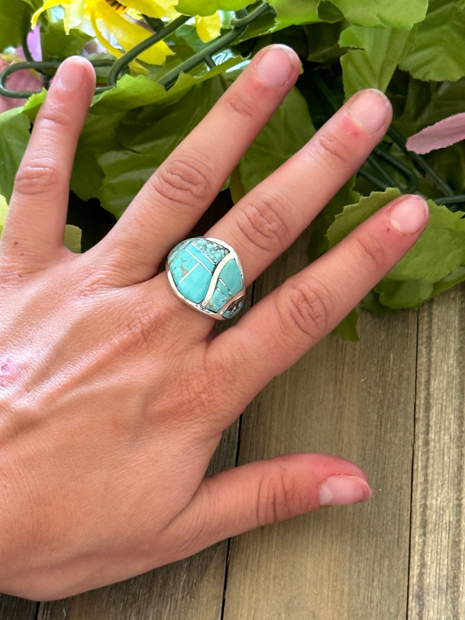 Navajo Made #8 Turquoise & Sterling Silver Inlay Ring Size 9.25