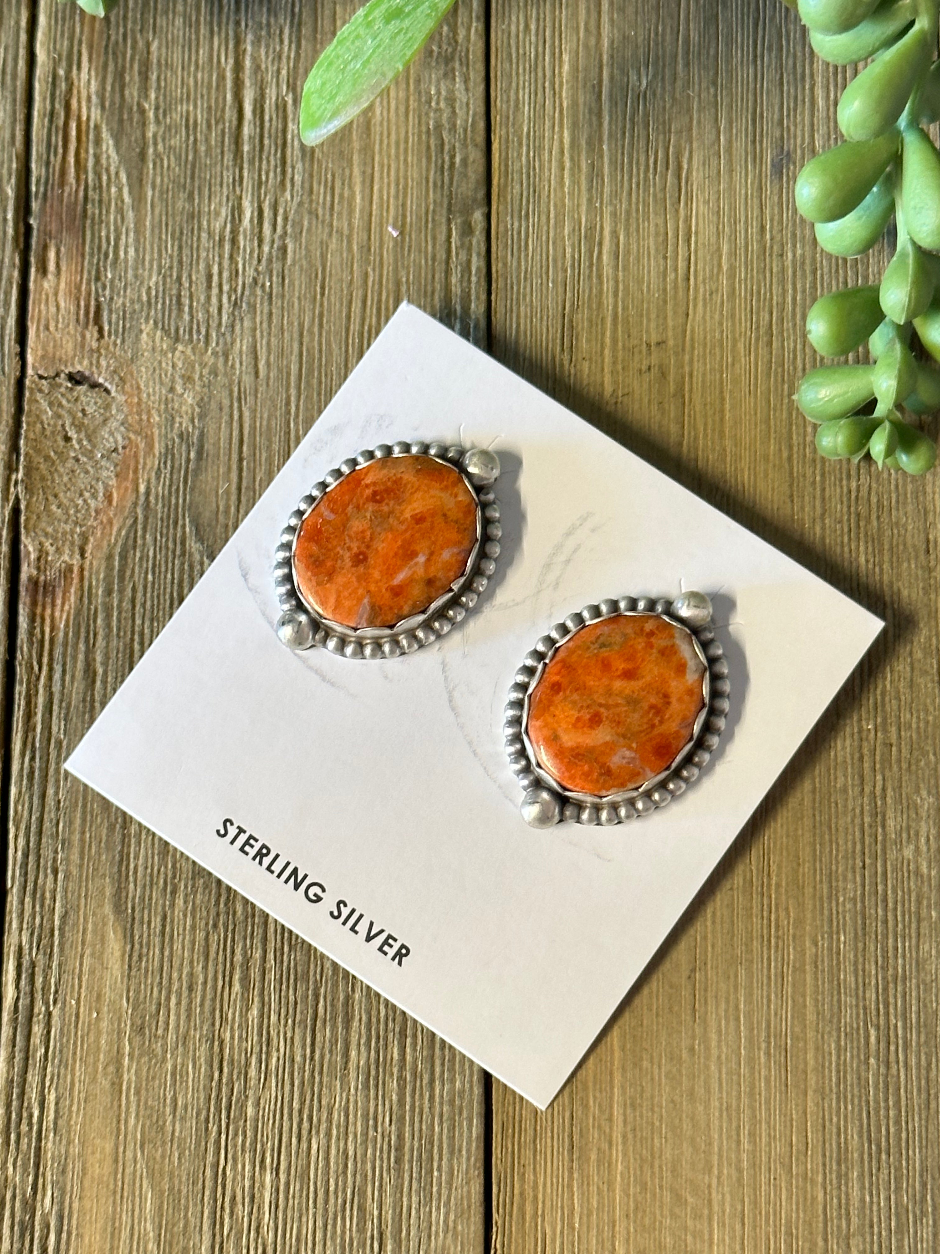 Navajo Made Apple Coral & Sterling Silver Post Earrings