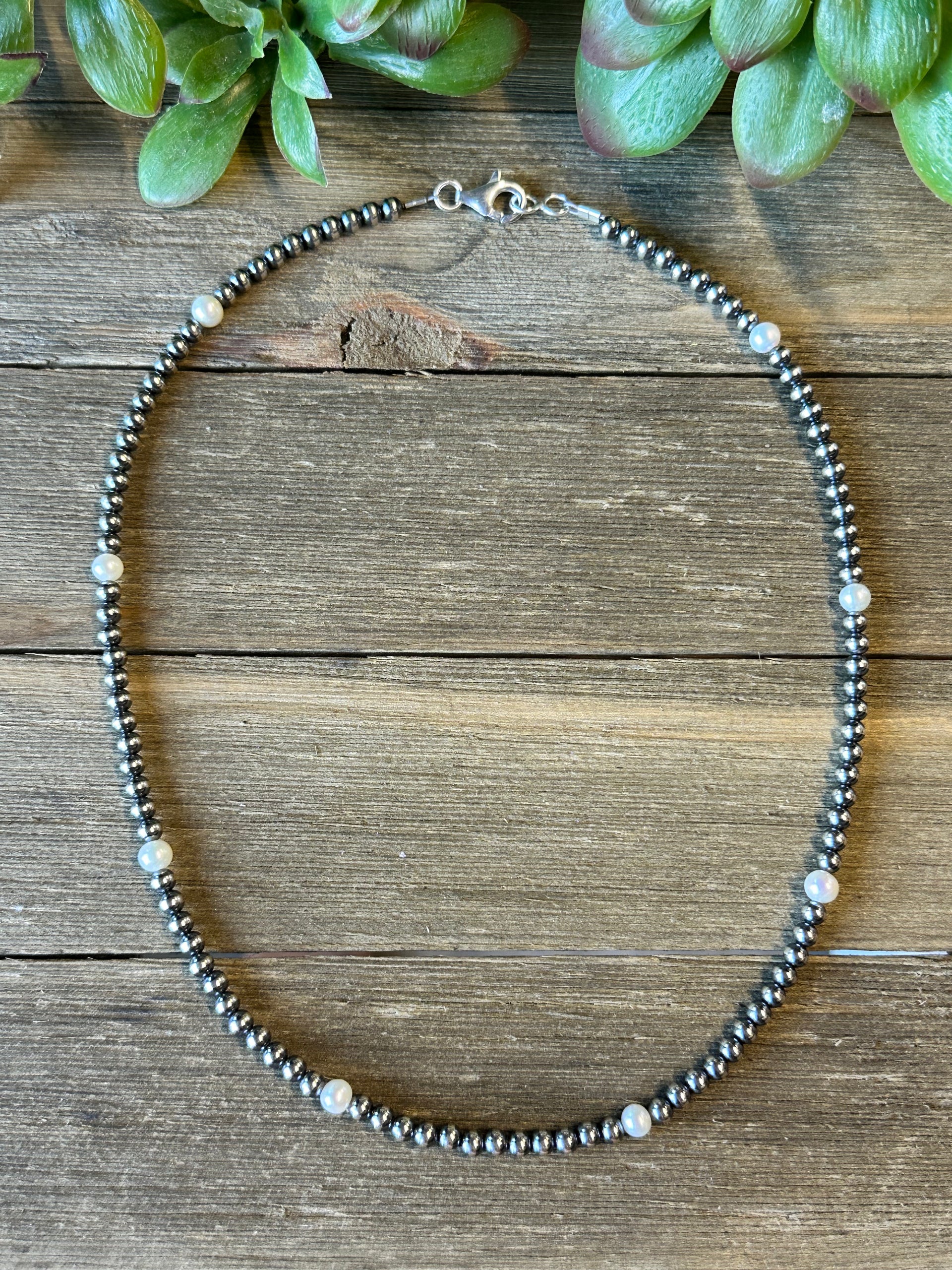 Navajo Strung Fresh Water Pearls & Sterling Silver Beaded Pearl Necklace