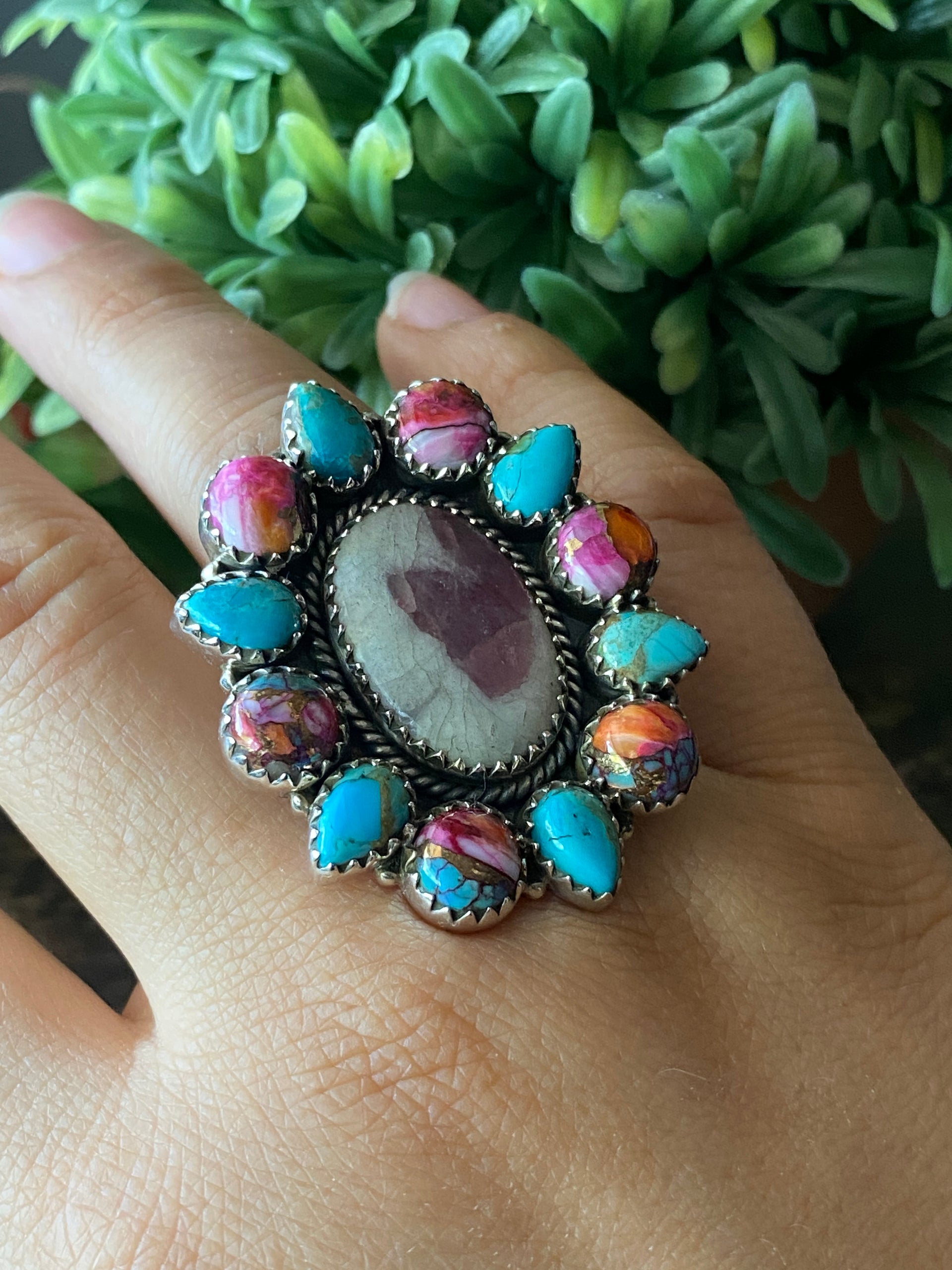 Southwest Handmade Multi Stone & Sterling Silver Adjustable Cluster Ring