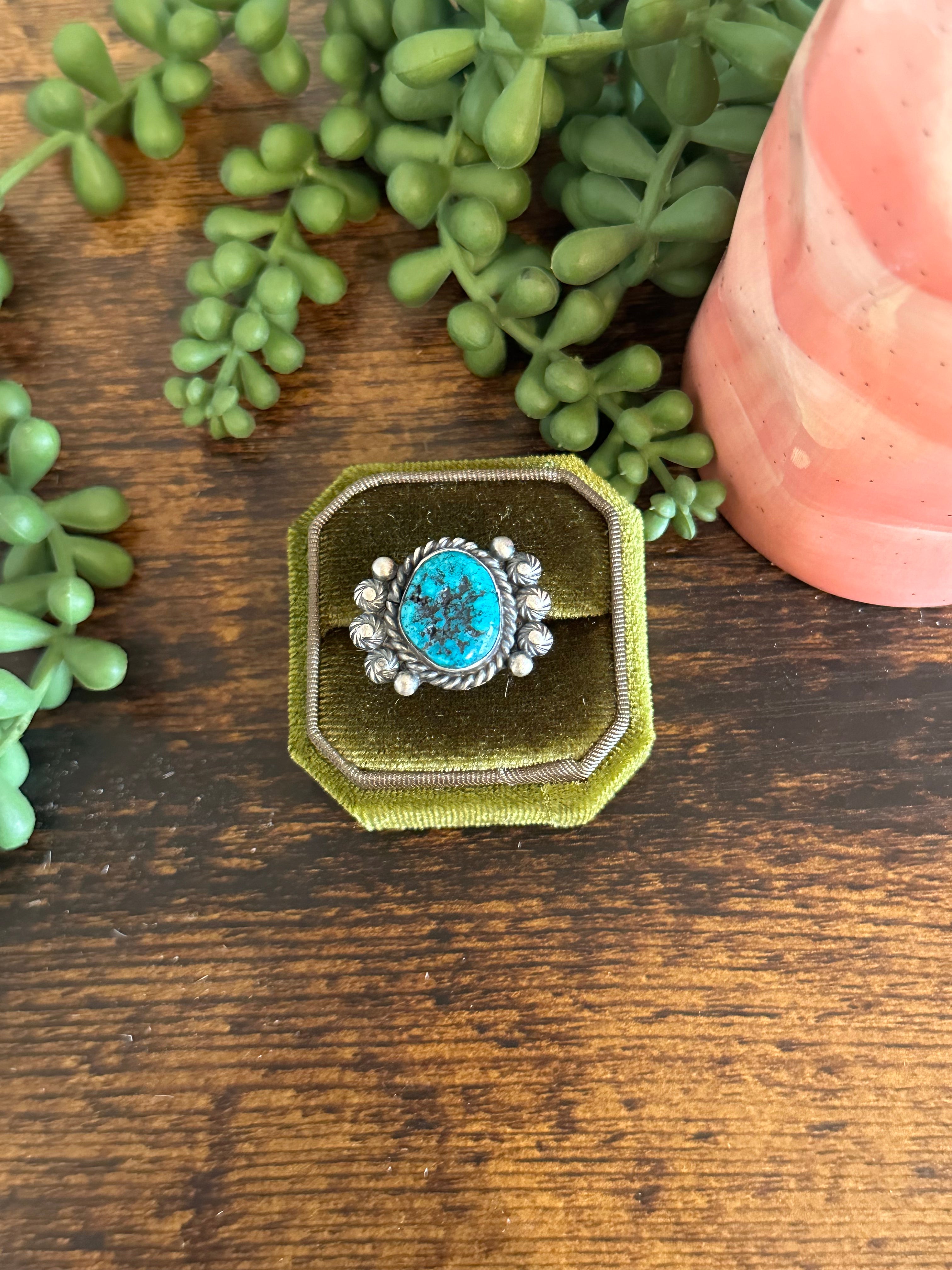 Navajo Made Kingman Turquoise & Sterling Silver Ring Size 9