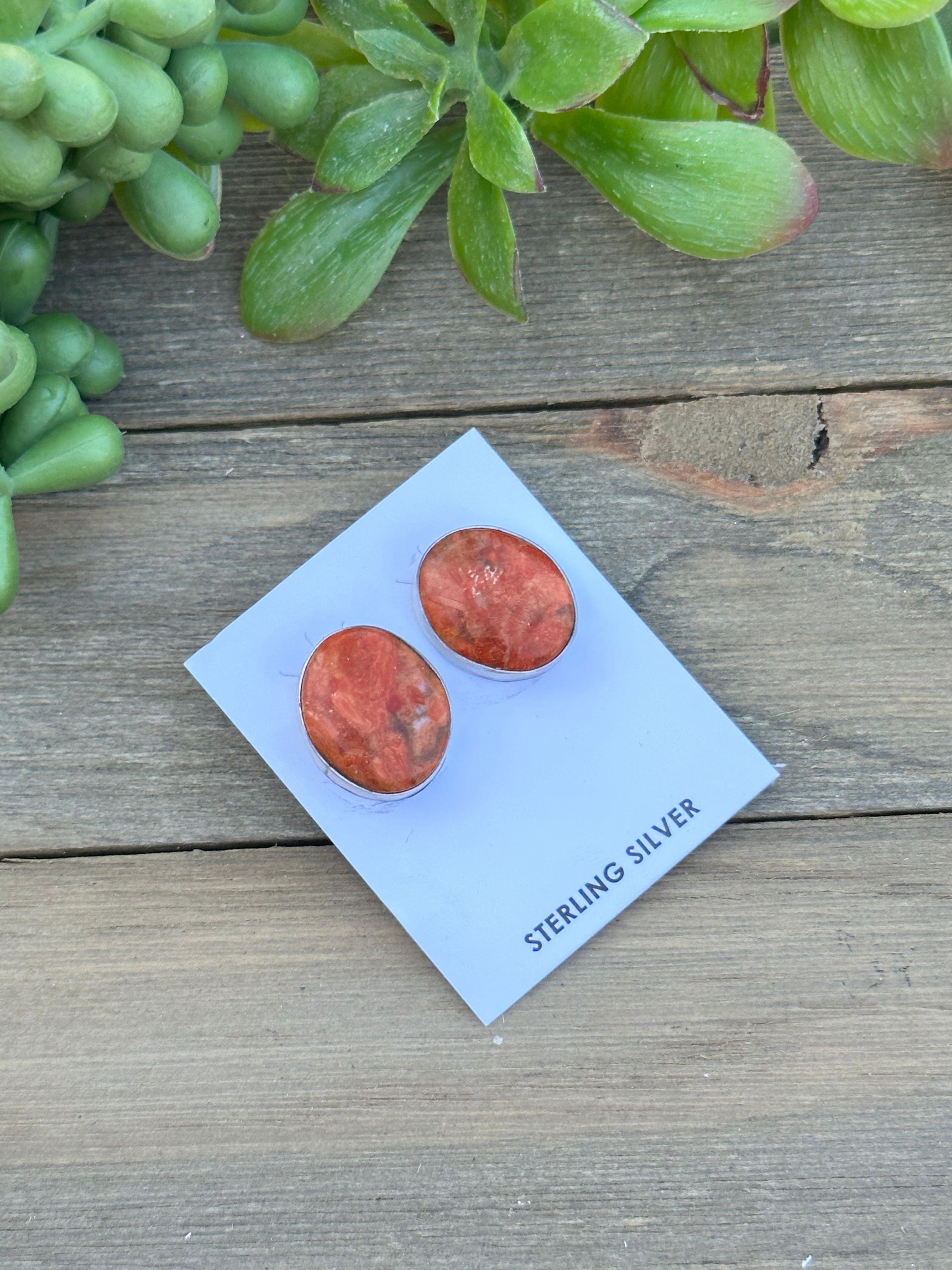 Navajo Made Apple Coral & Sterling Silver Post Earrings