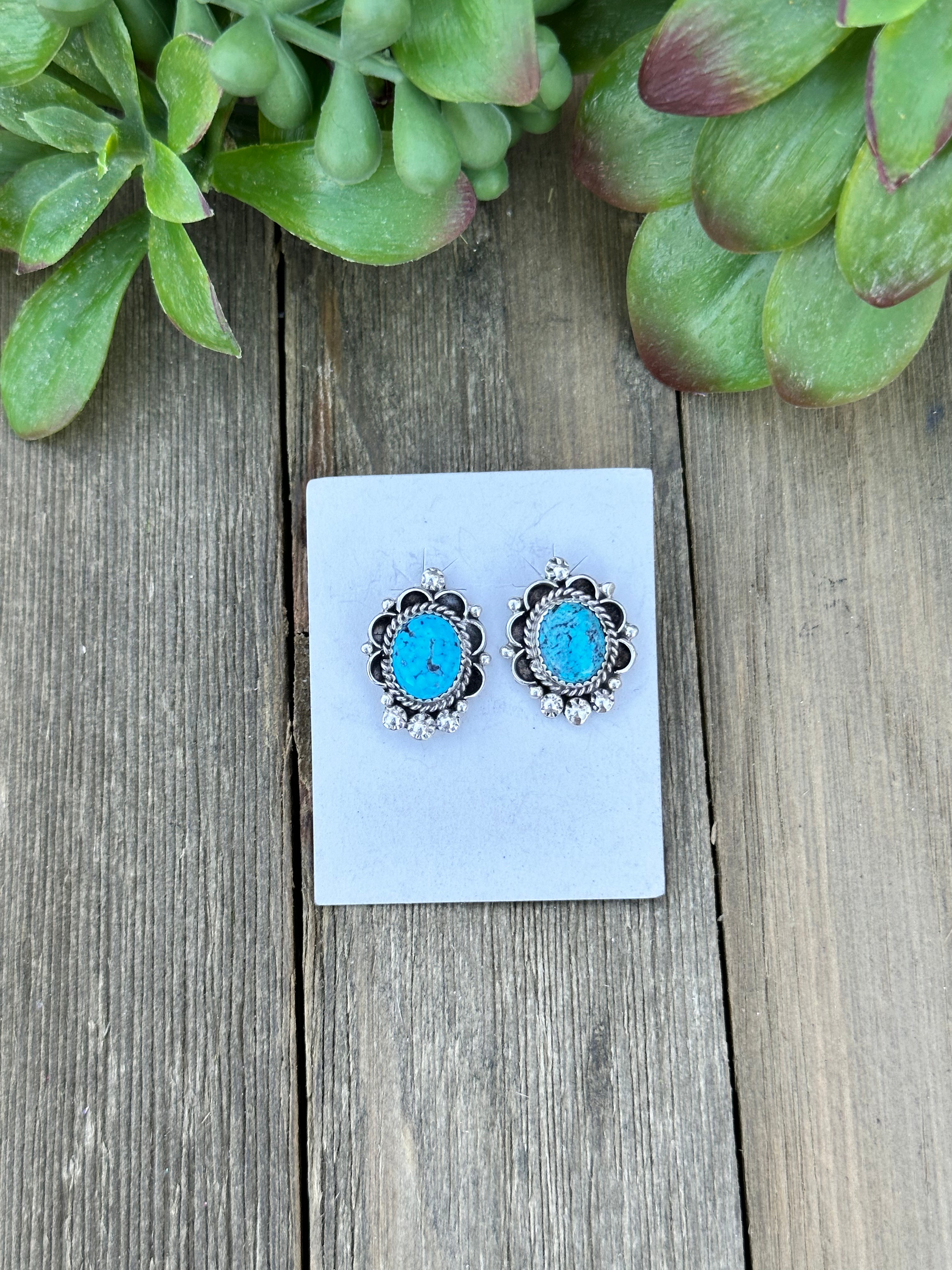 Navajo Made Kingman Turquoise & Sterling Silver Post Earrings