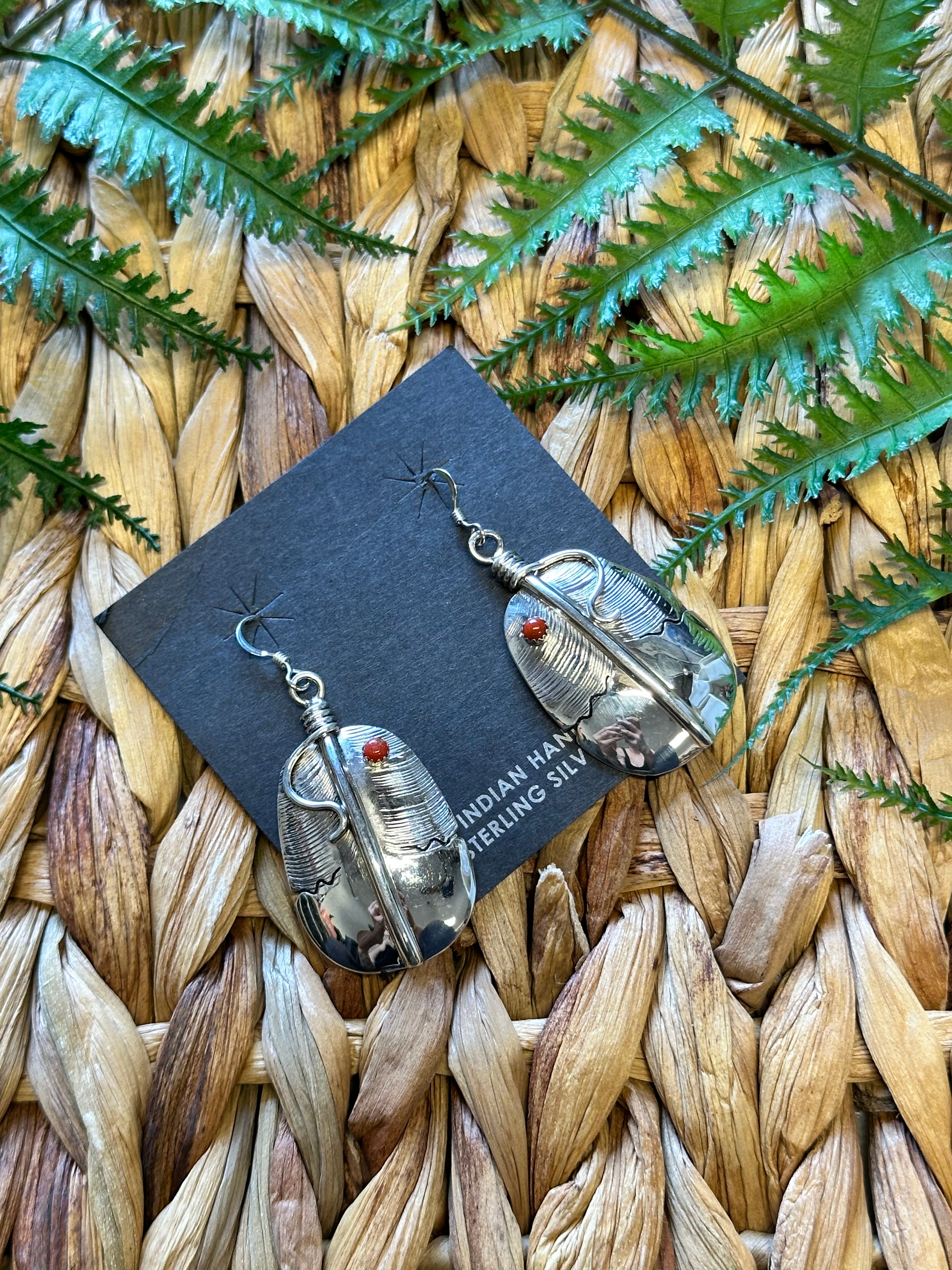 Navajo Made Coral & Sterling Silver Dangle Feather Earrings