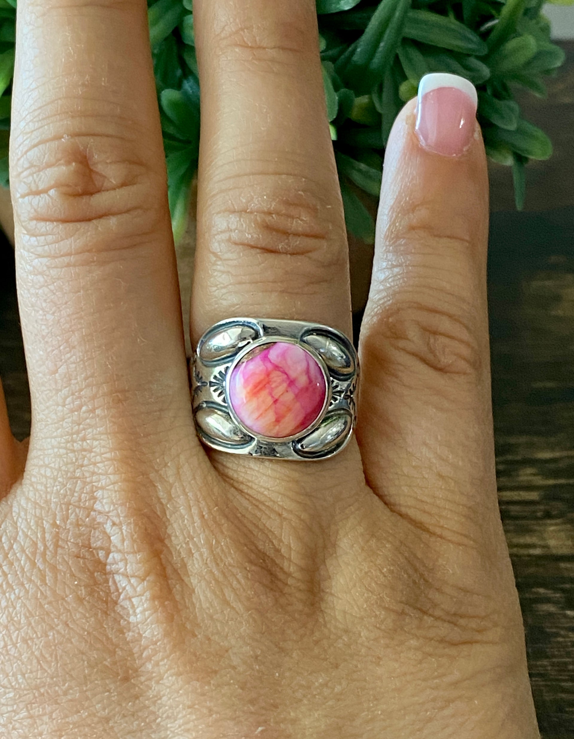 Navajo Made Pink Mohave Turquoise & Sterling Silver Ring Size 9.75