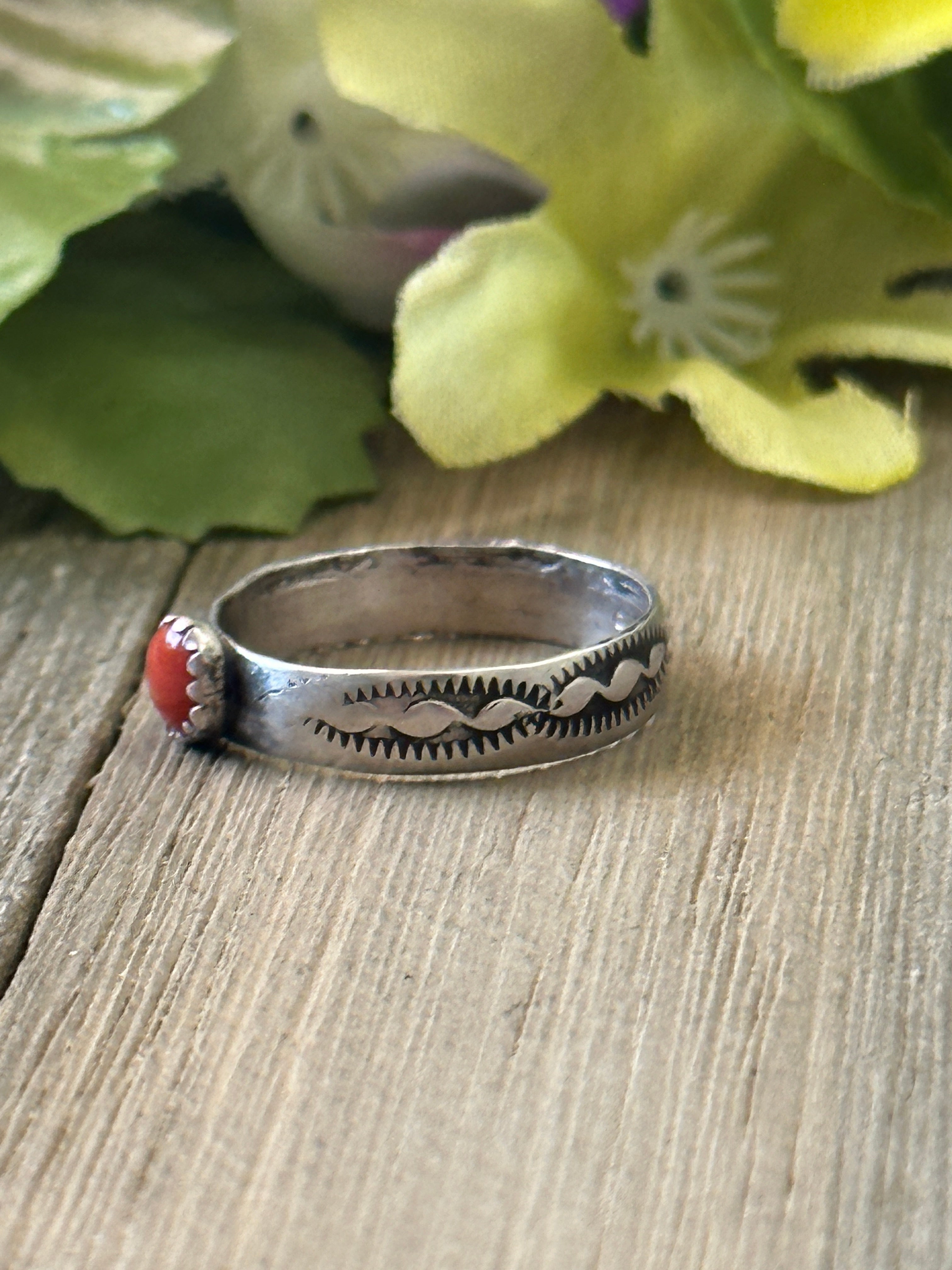 Navajo Made Red Coral & Sterling Silver Ring