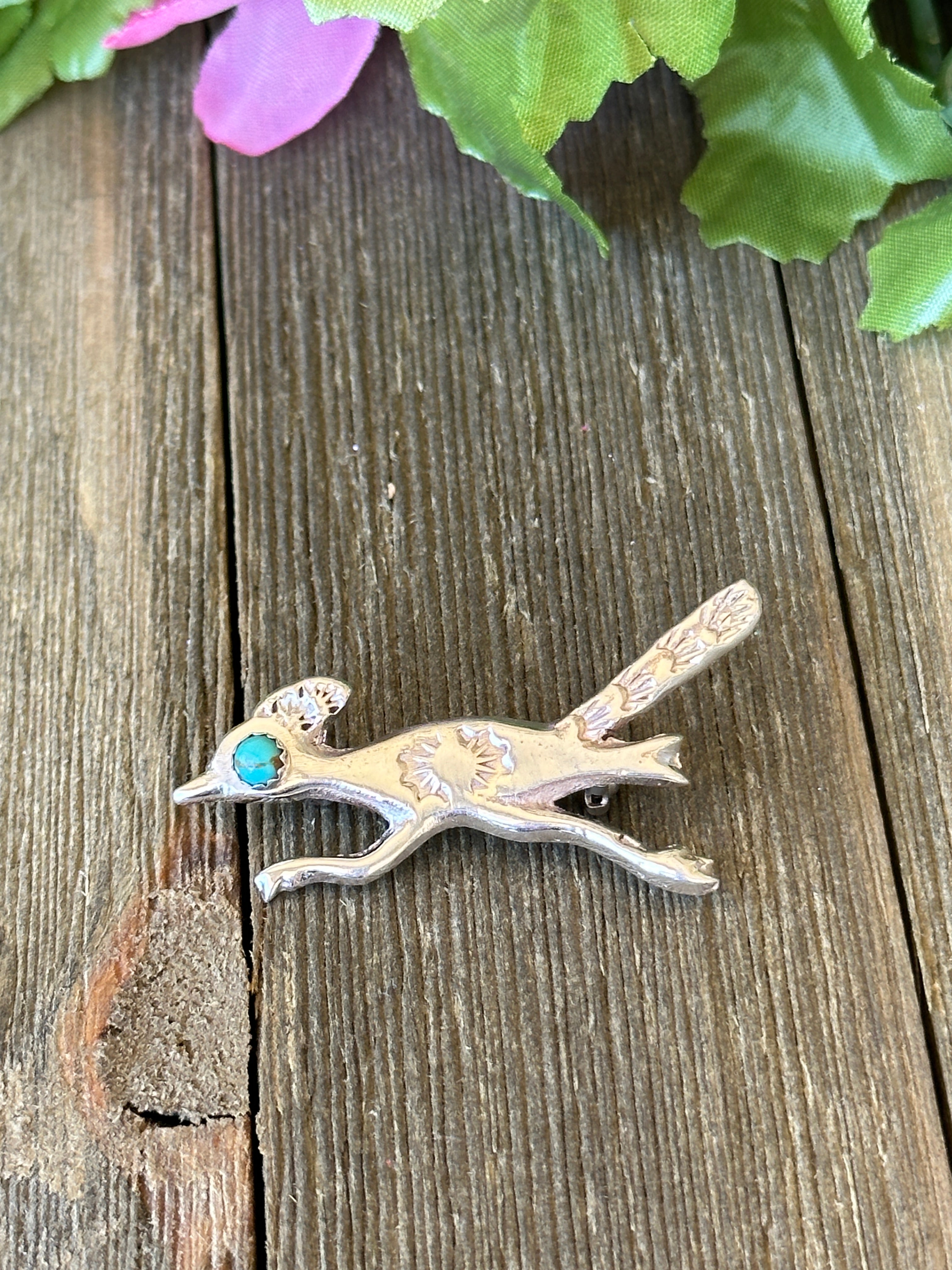 Navajo Made Kingman Turquoise & Sterling Silver Roadrunner Pin