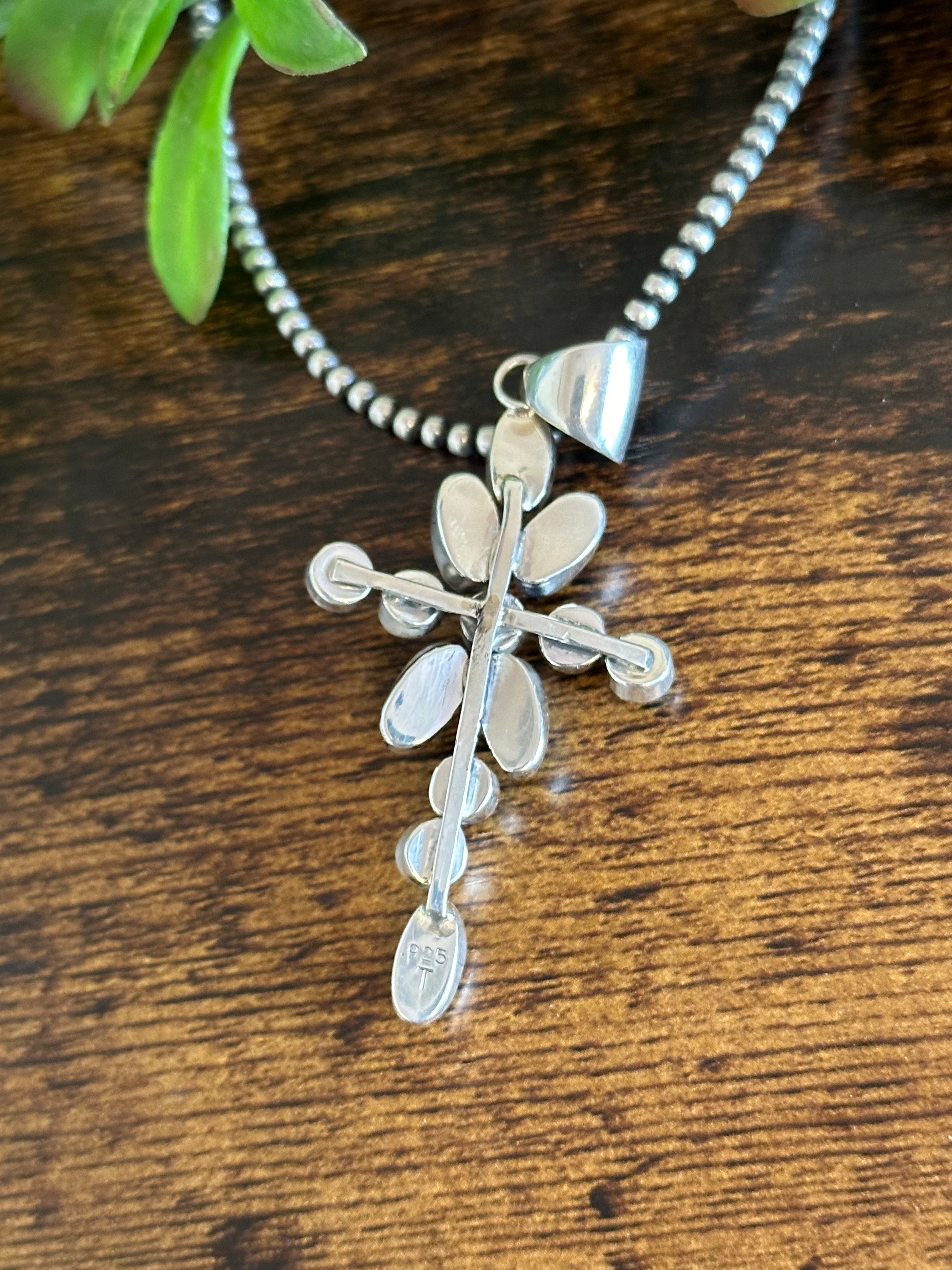 Navajo Made Kingman Turquoise & Sterling Silver Cross Pendant