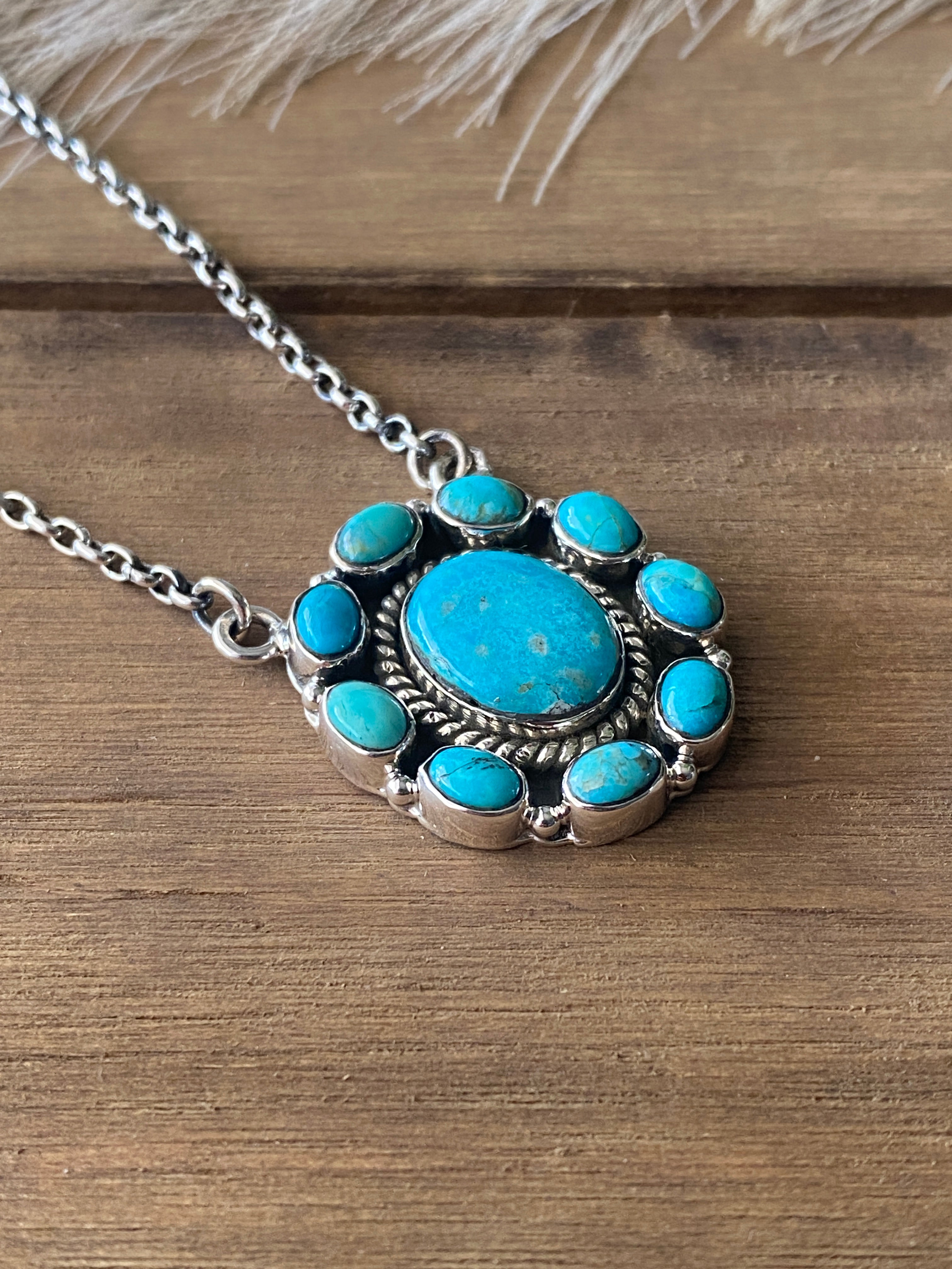 Southwest Handmade Kingman Turquoise & Sterling Silver Cluster Necklace