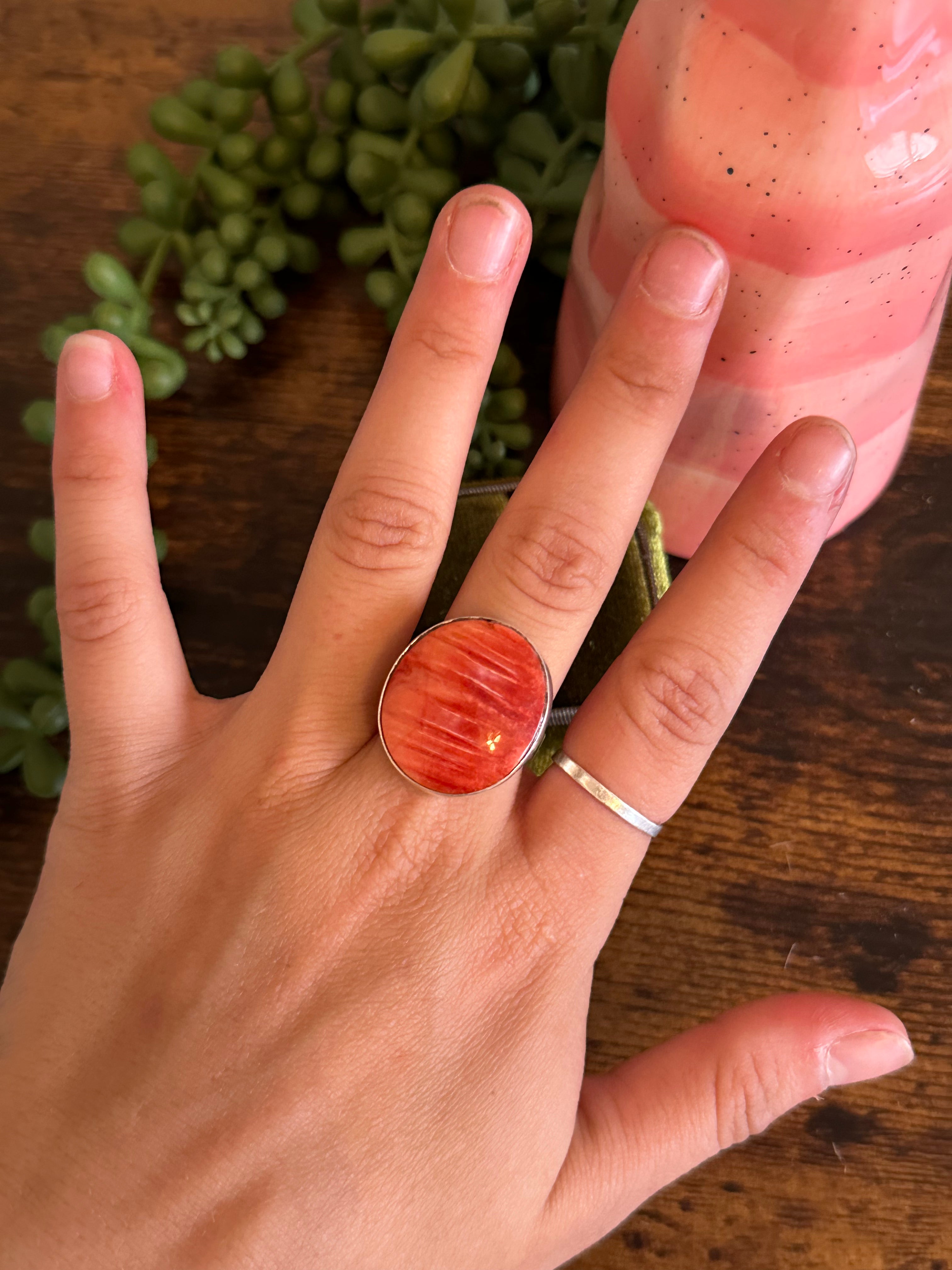 Navajo Made Red Spiny Oyster & Sterling Silver Ring Size 8.25