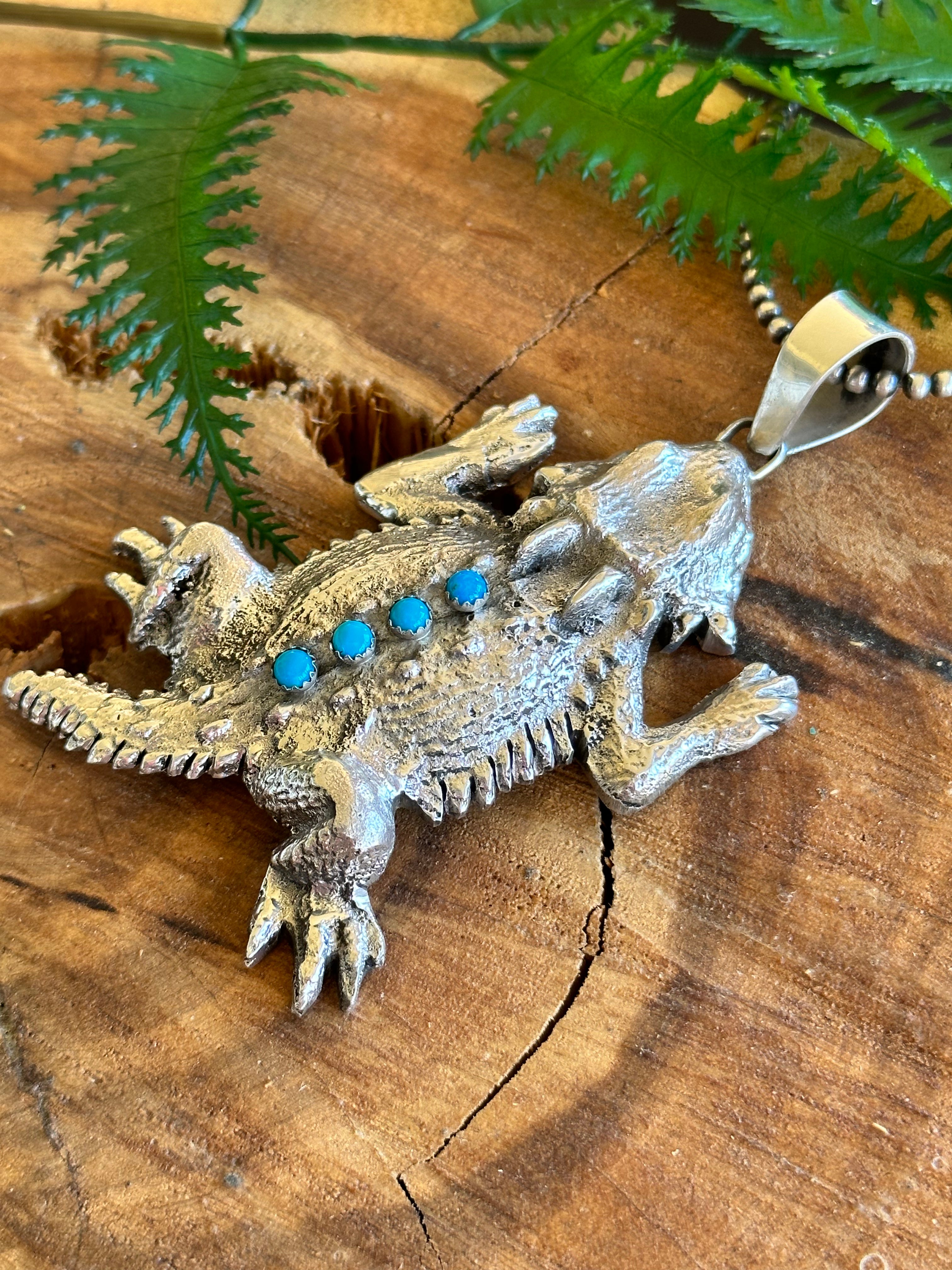 Navajo Made Kingman Turquoise & Sterling Silver Horny Toad Pendant