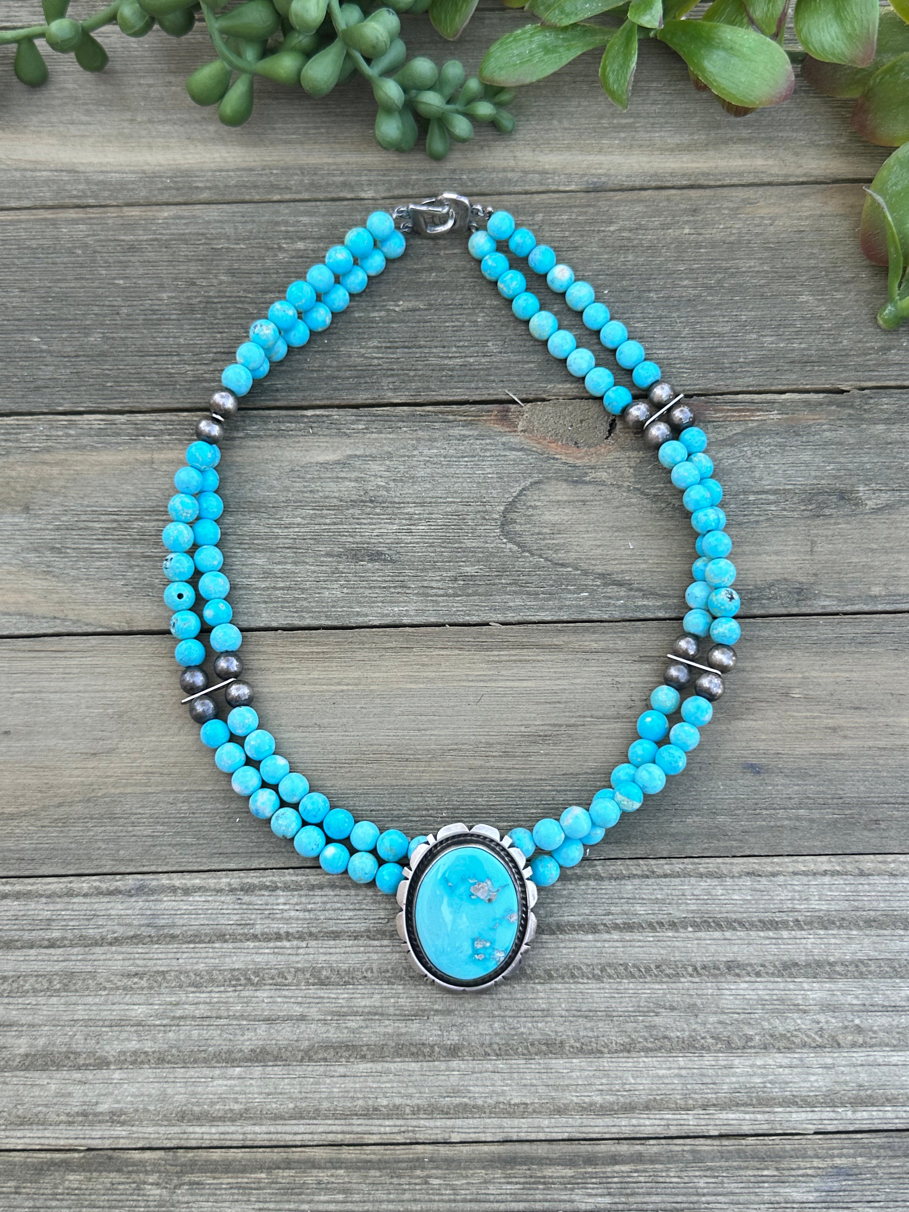 Navajo Made Campitos Turquoise and Sterling Silver Necklace