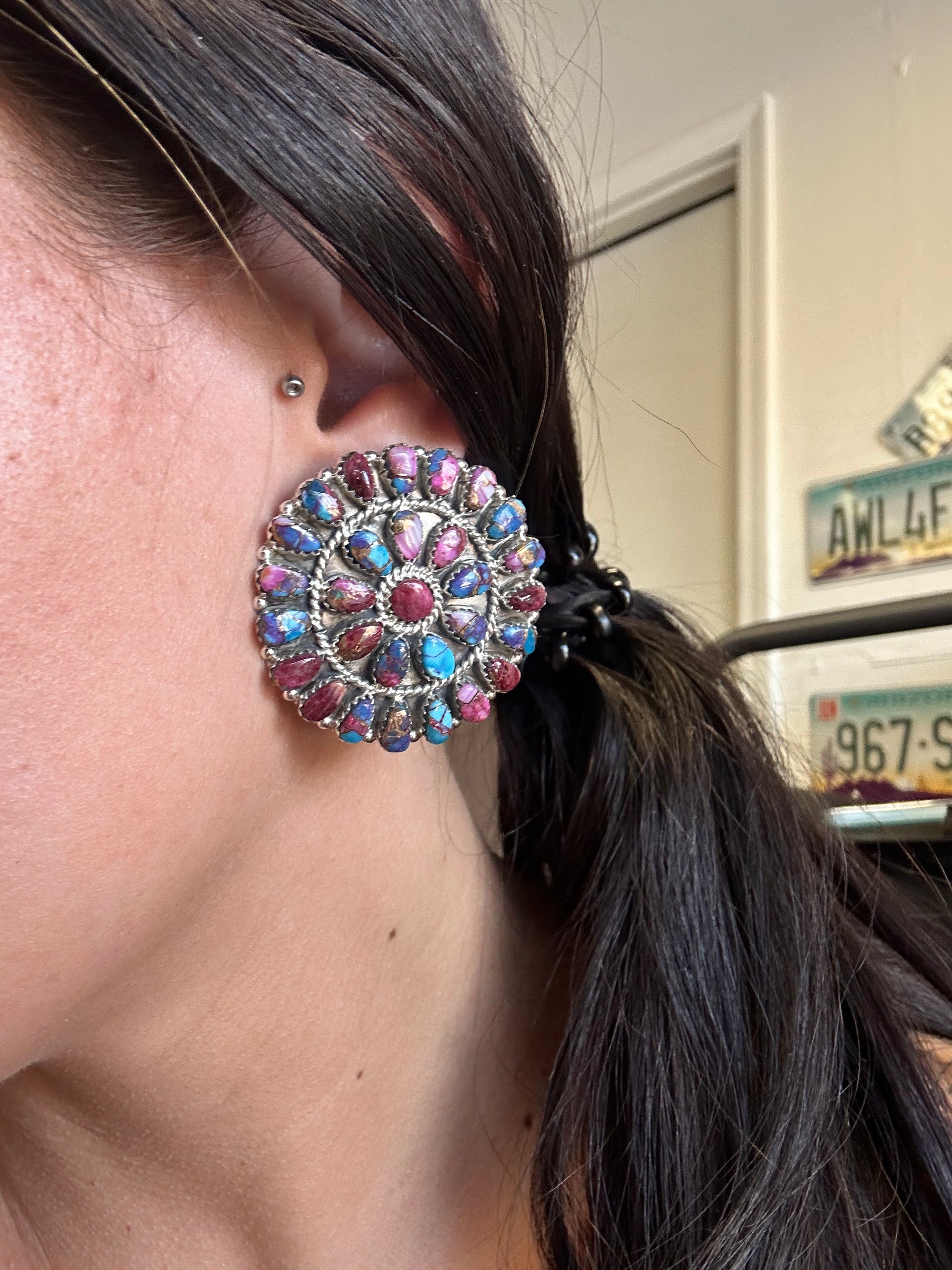Navajo Made Purple Mohave Turquoise & Sterling Silver Post Cluster Earrings