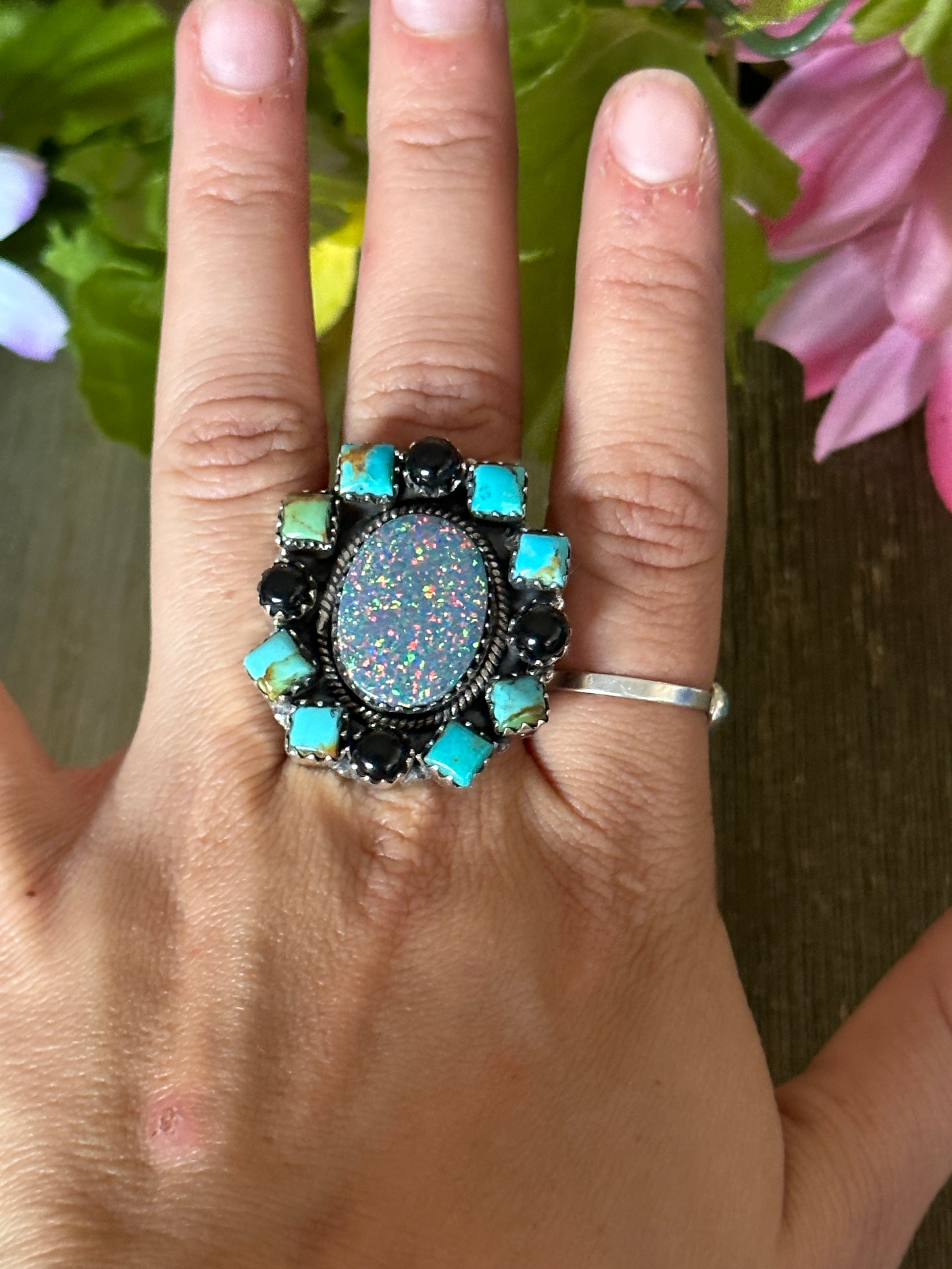 Southwest Handmade Multi Stone & Sterling Silver Adjustable Ring