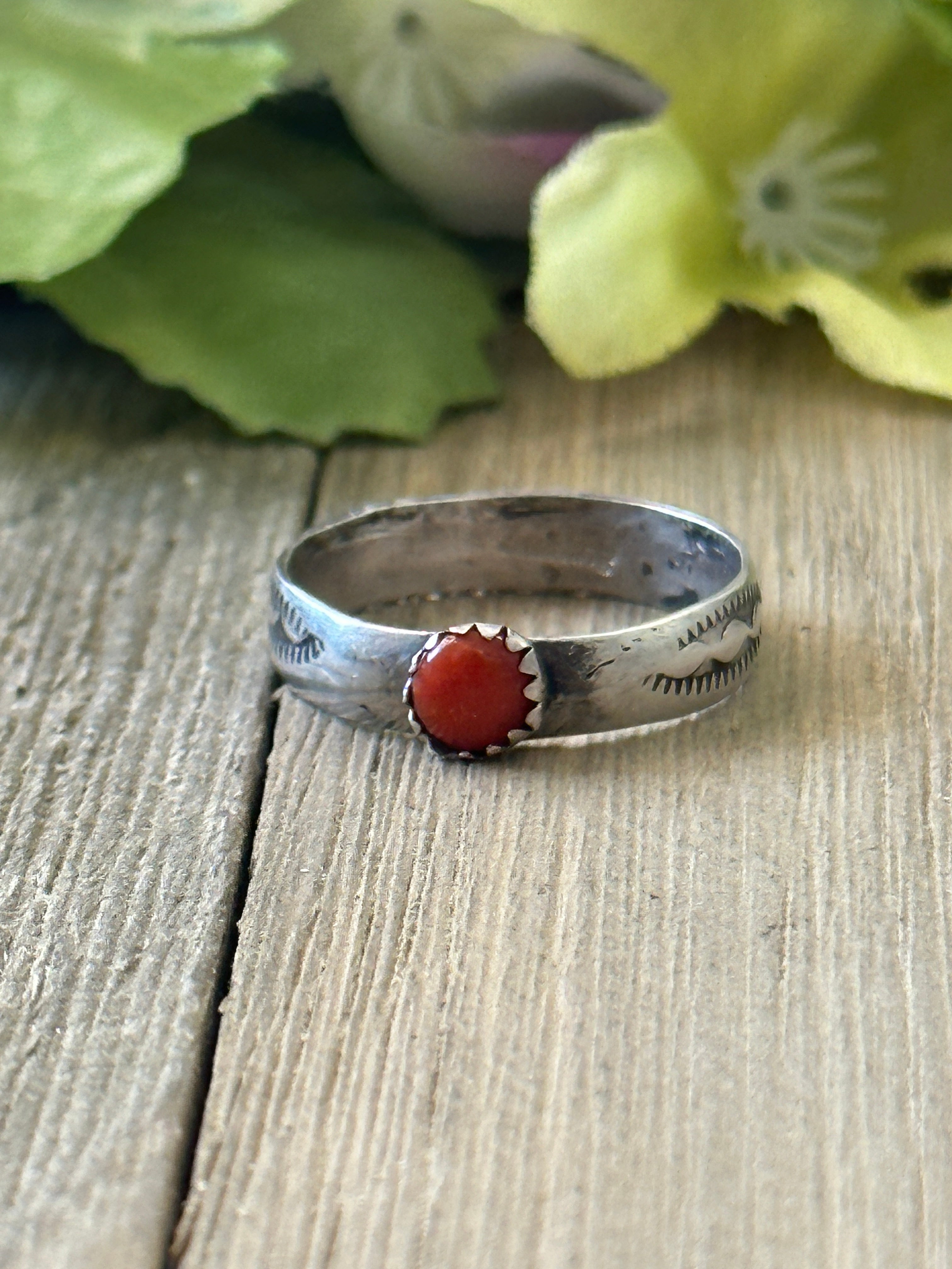 Navajo Made Red Coral & Sterling Silver Ring