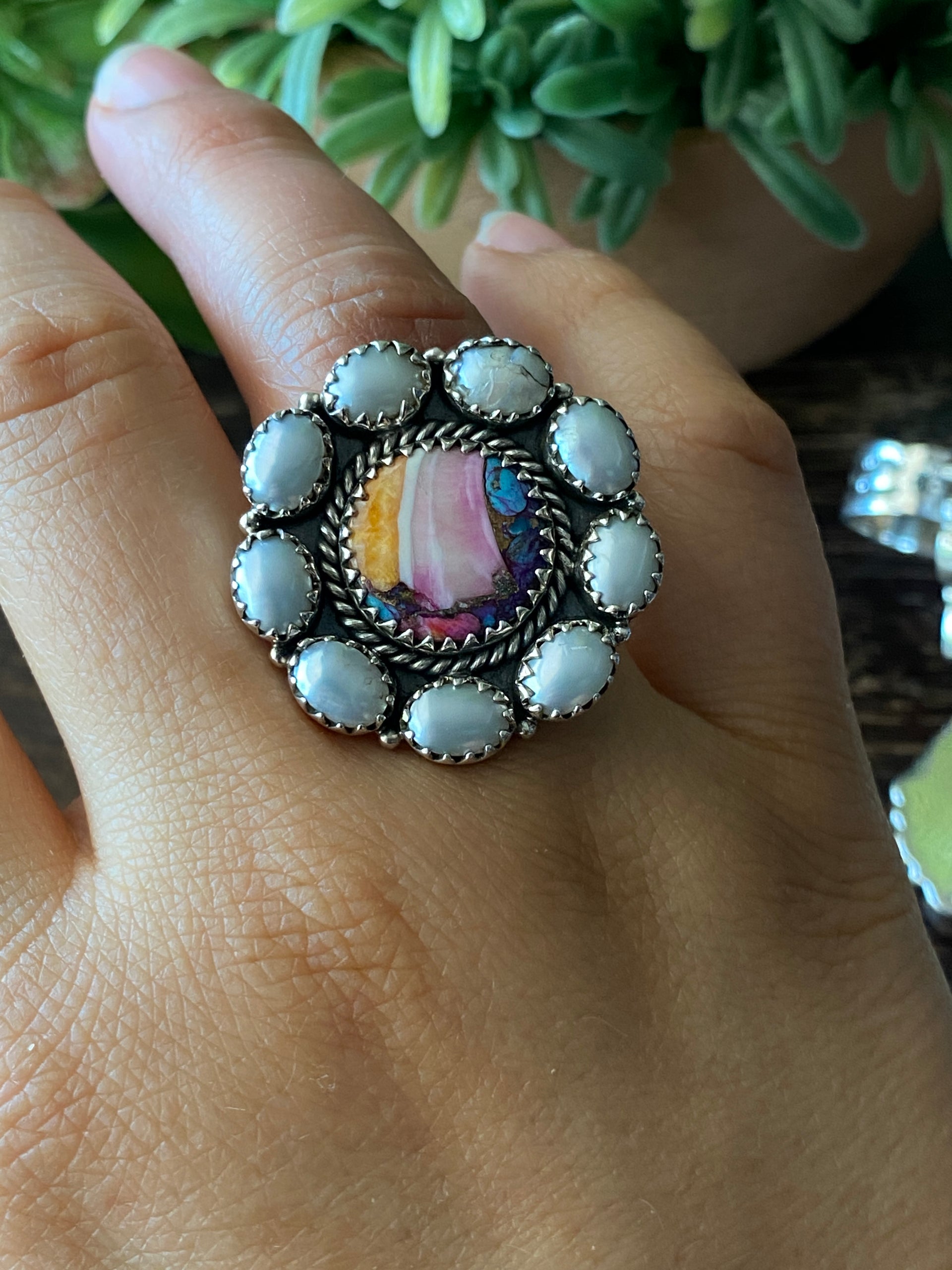Southwest Handmade Multi Stone & Sterling Silver Adjustable Cluster Ring