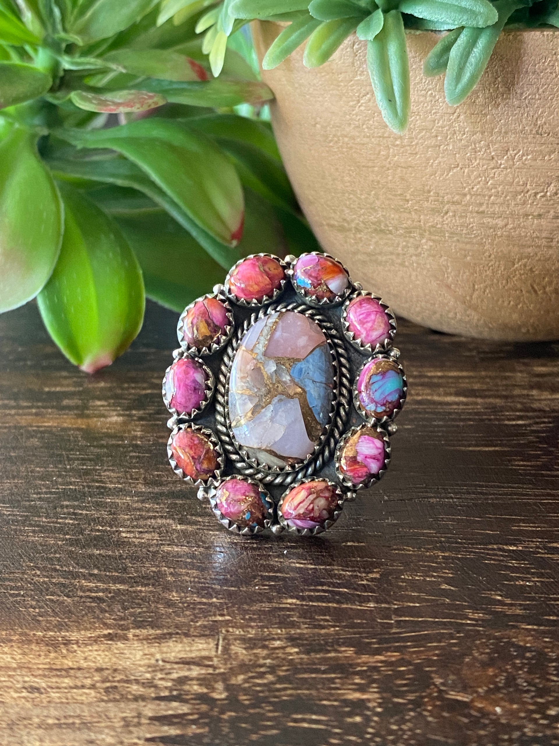 Southwest Handmade Multi Stone & Sterling Silver Adjustable Cluster Ring