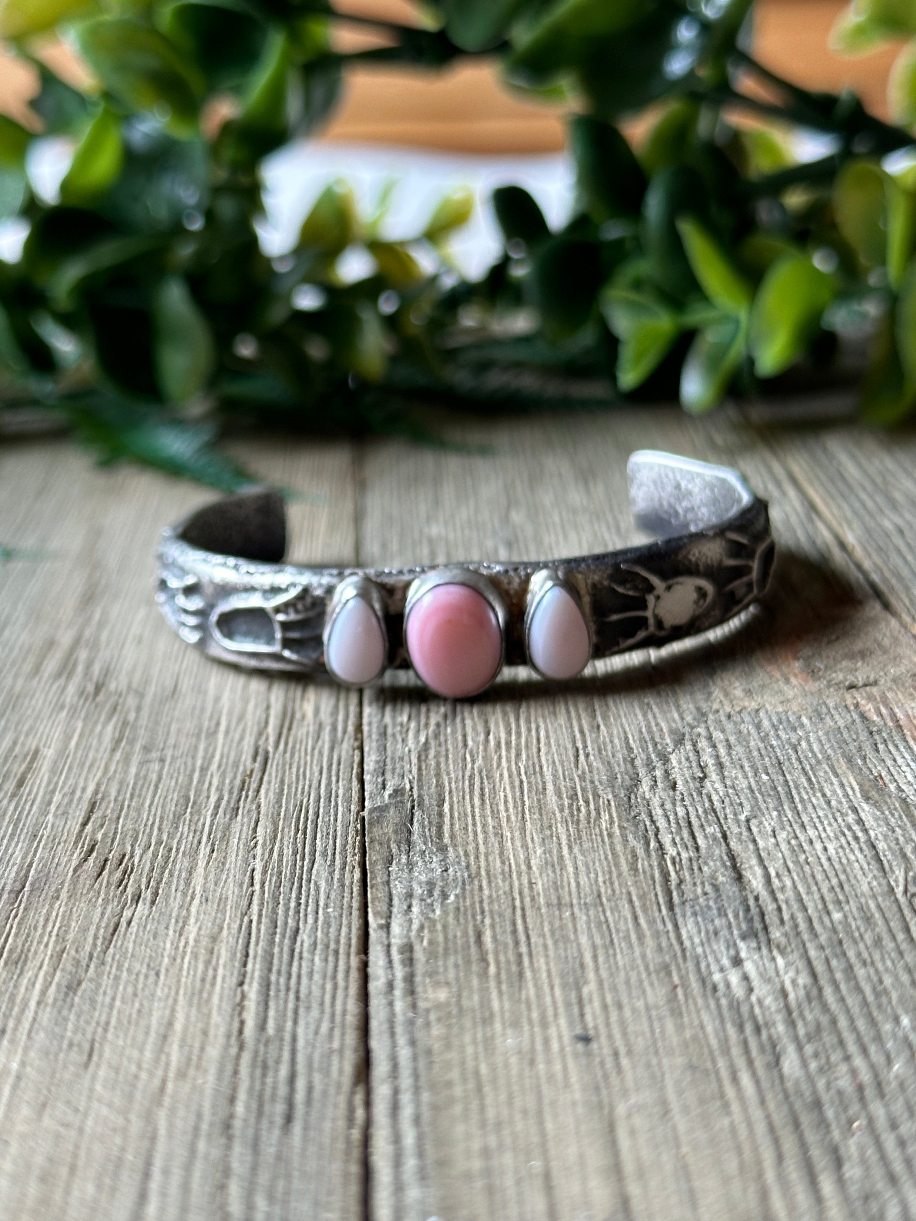 Wilson Dawes Pink Conch & Sterling Silver Tufa Cast Cuff Bracelet