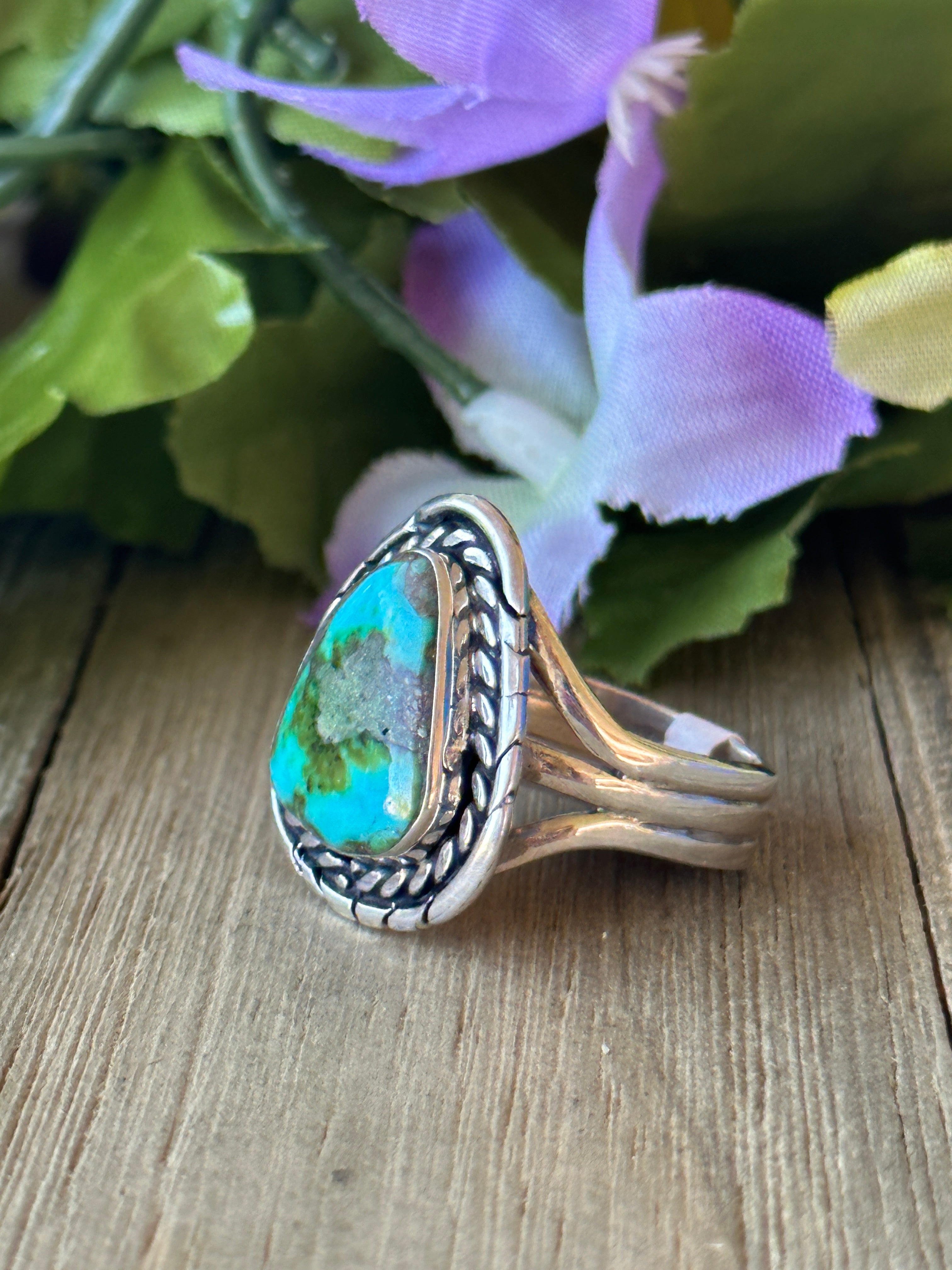 Navajo Made Sonoran Gold Turquoise & Sterling Silver Ring Size 9.75