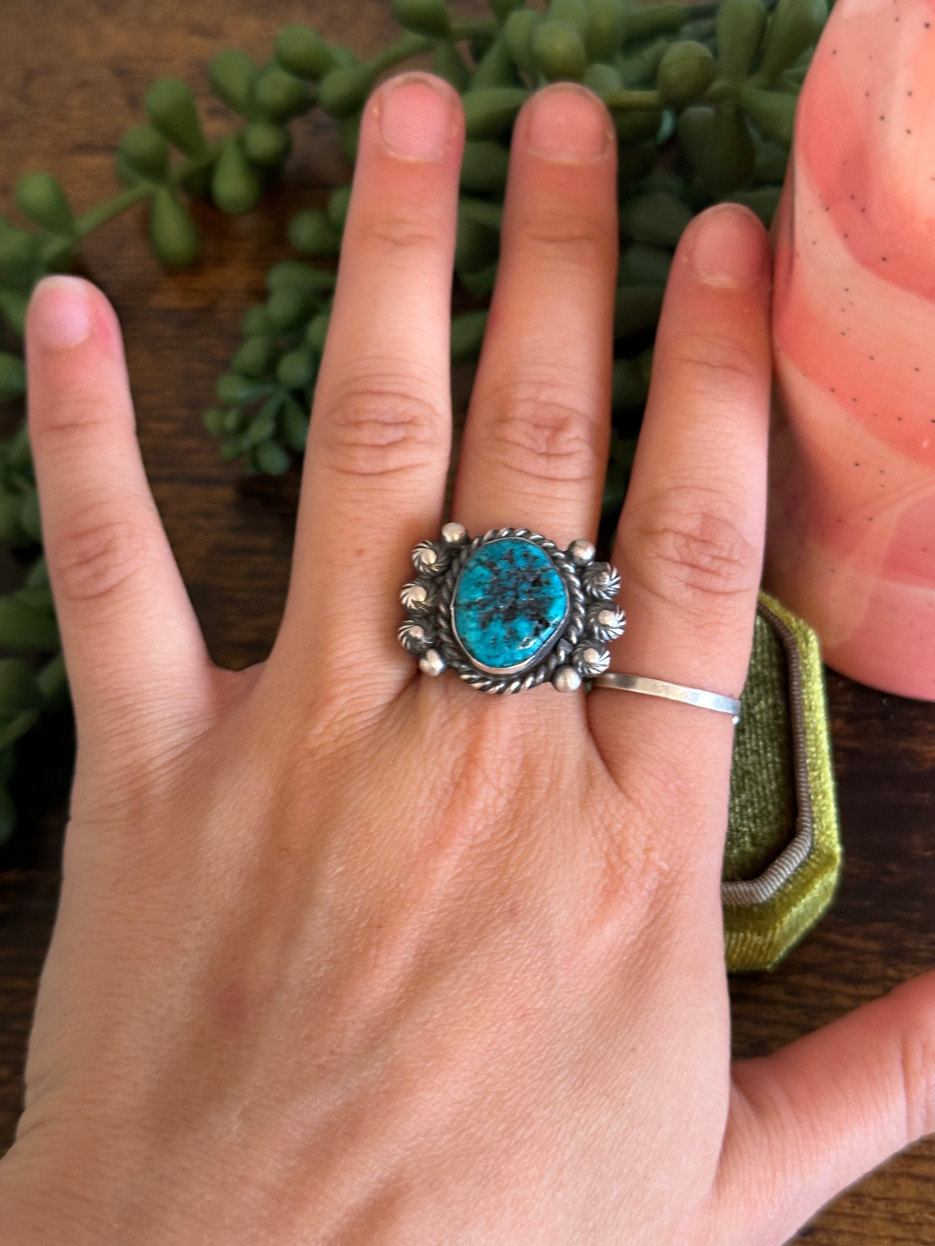 Navajo Made Kingman Turquoise & Sterling Silver Ring Size 9