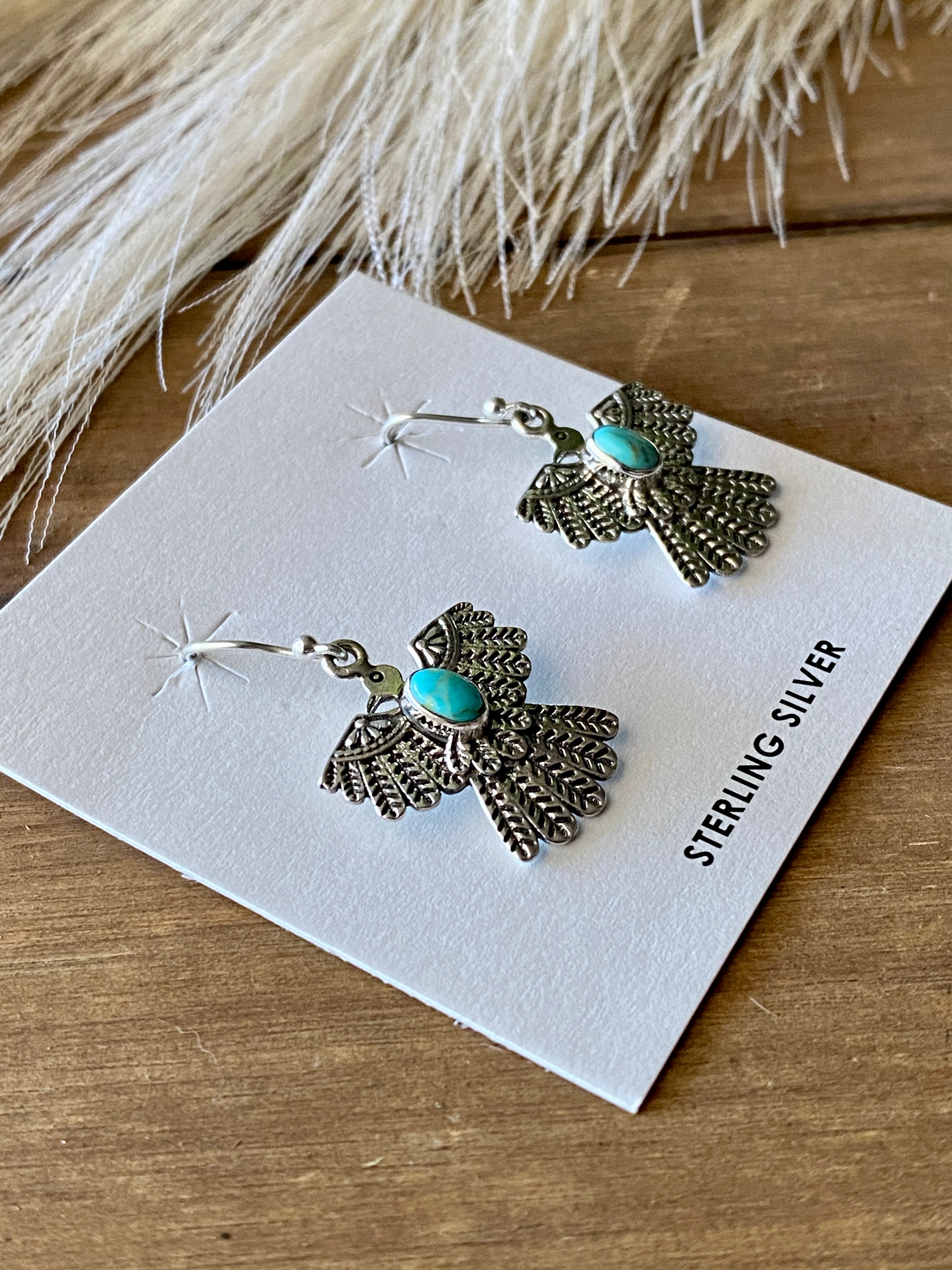 Southwest Handmade Kingman Turquoise & Sterling Silver Thunderbird Dangles Earrings