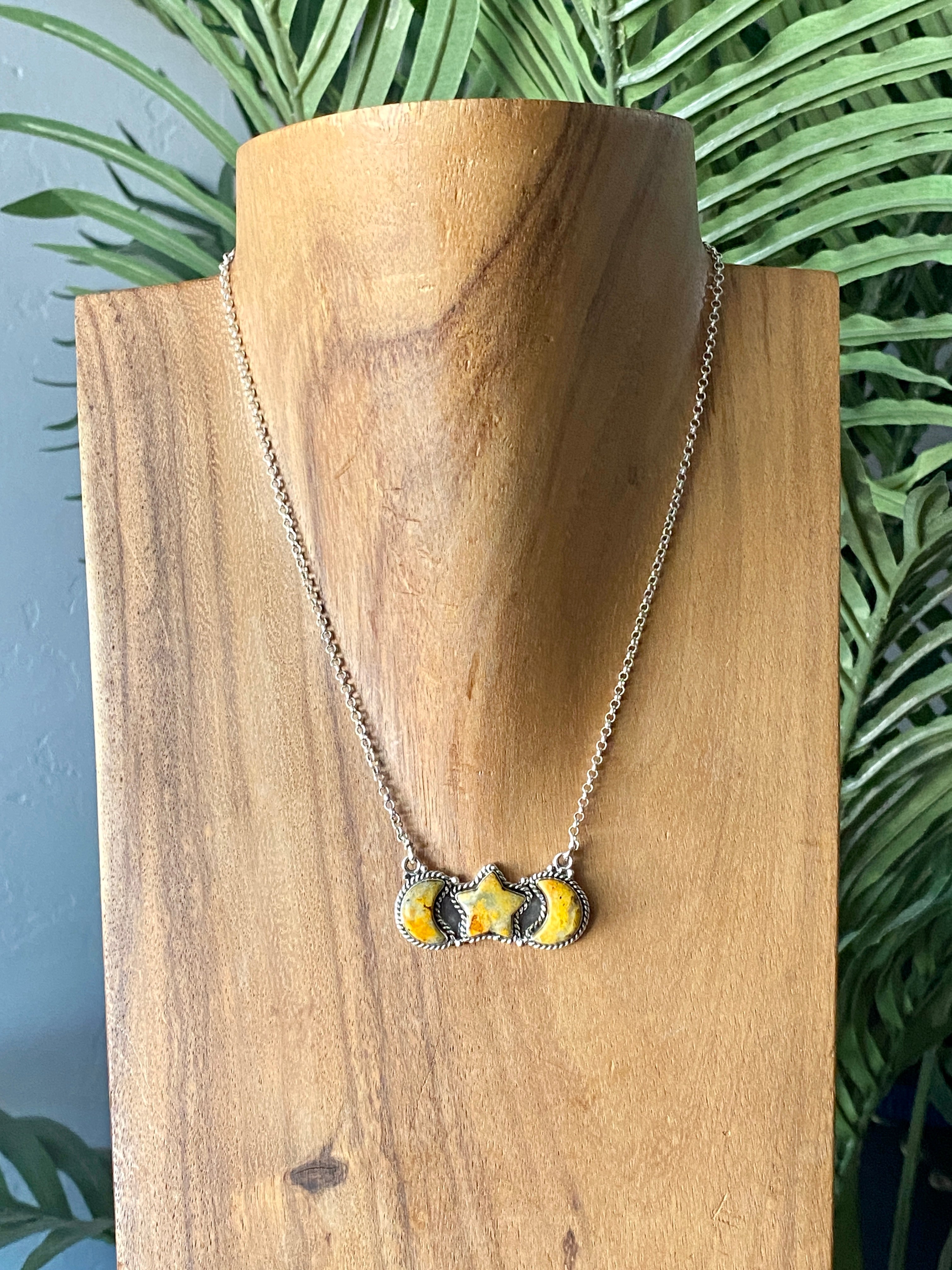 #2 Southwest Handmade Bumblebee Jasper & Sterling Silver Moon Star Necklace