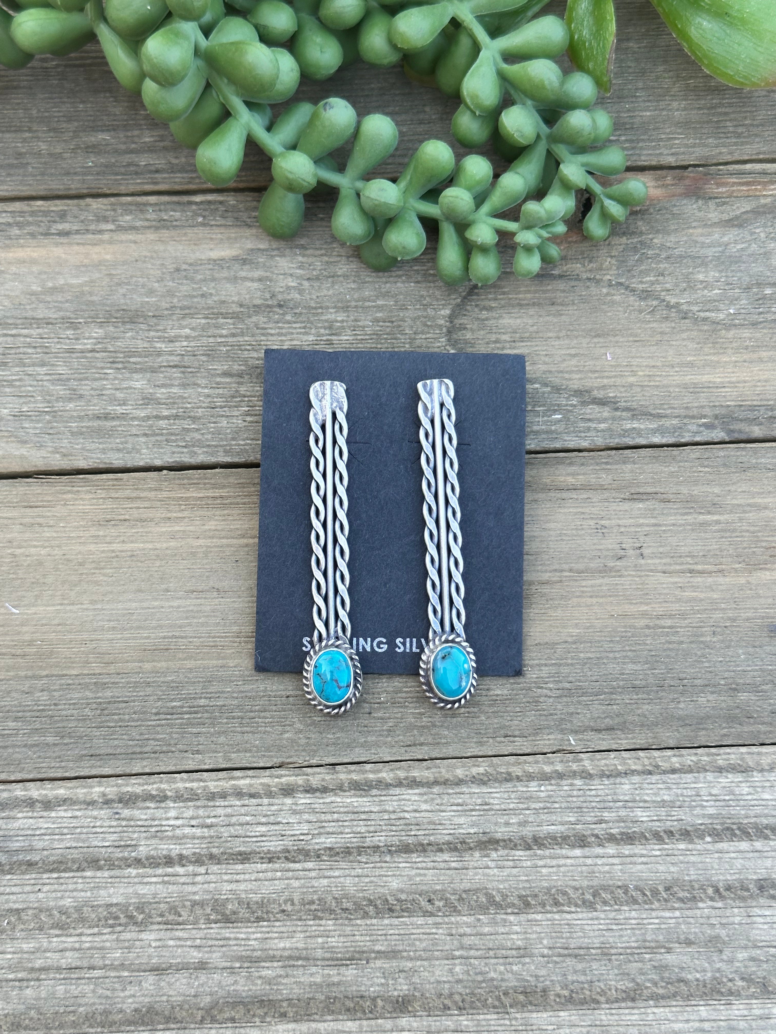 Navajo Made Kingman Turquoise & Sterling Silver Post Dangle Earrings