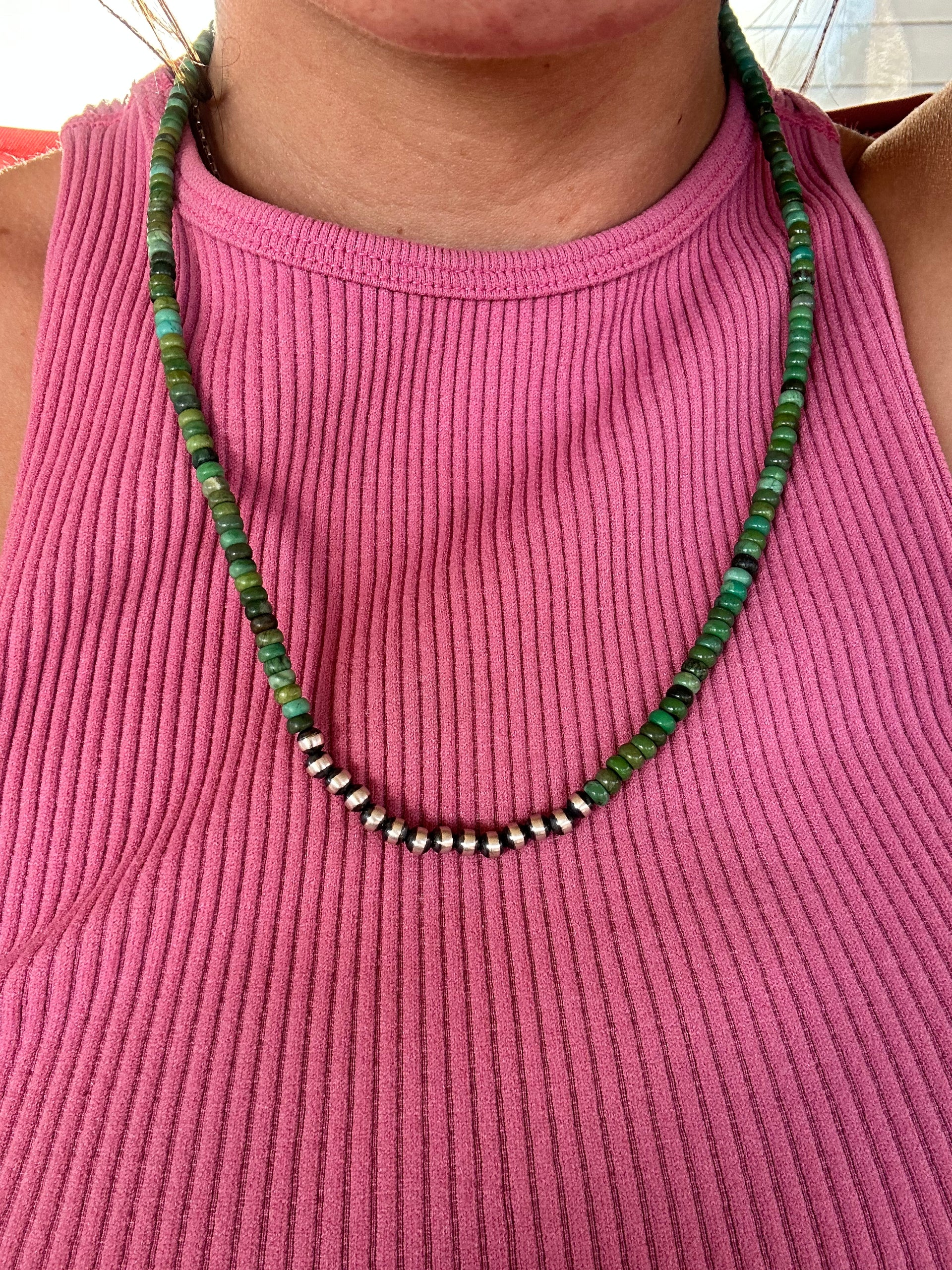 Navajo Strung Sonoran Gold Turquoise & Sterling Silver Beaded Pearls Necklace