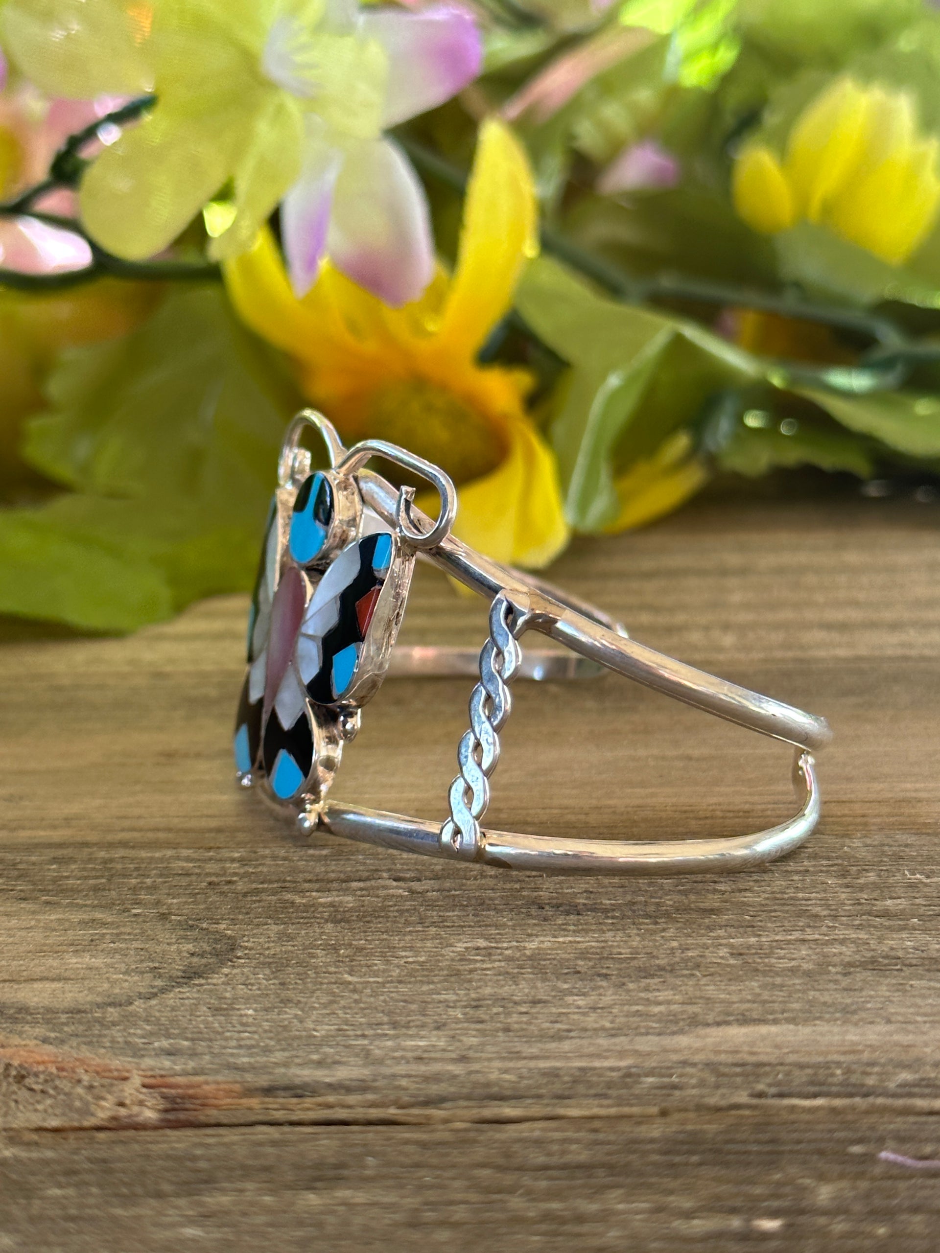 Alison Dishta Multi Stone & Sterling Silver Butterfly Inlay Cuff Bracelet