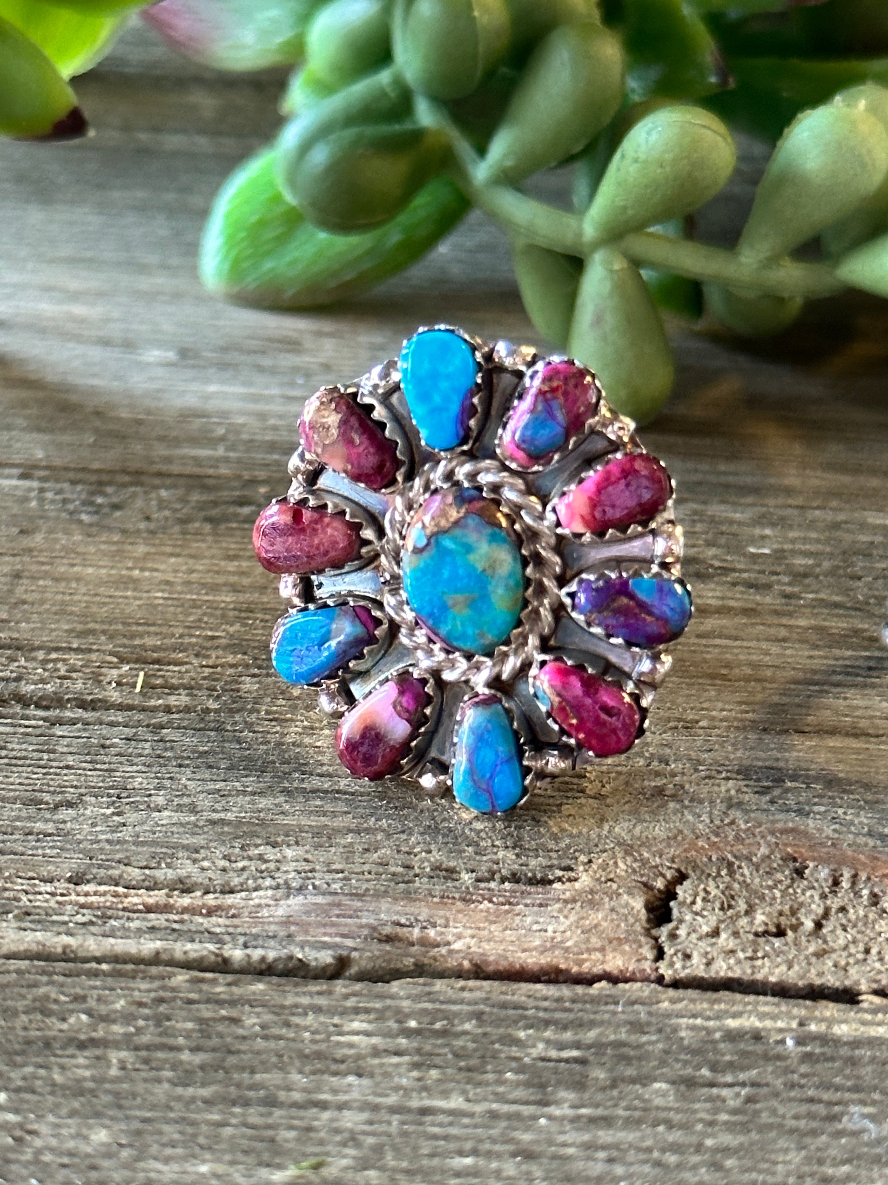 Navajo Made Pink Mohave Turquoise & Sterling Silver Cluster Ring