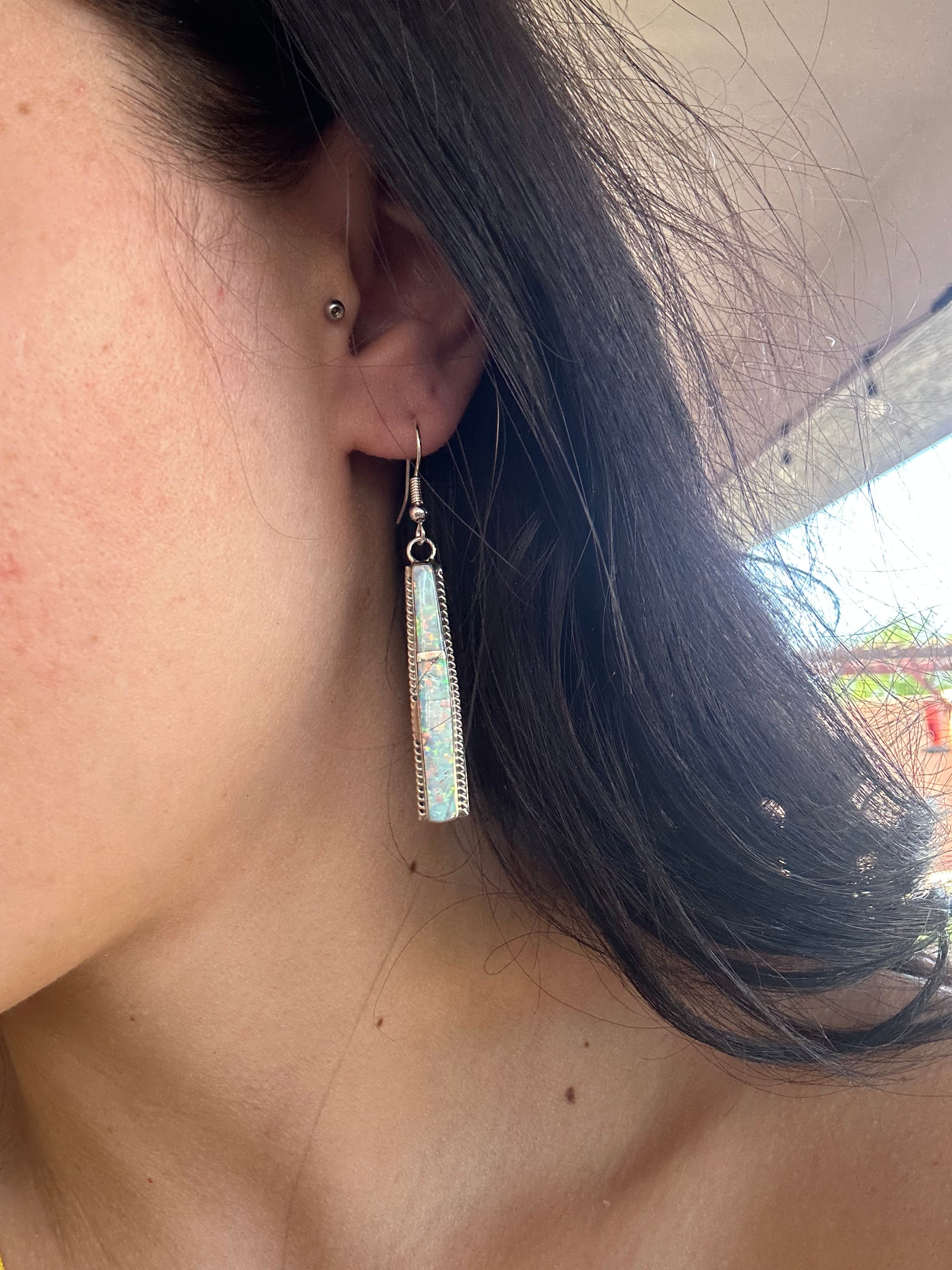 Navajo Made Opal (Man Made) & Sterling Silver Dangle Earrings