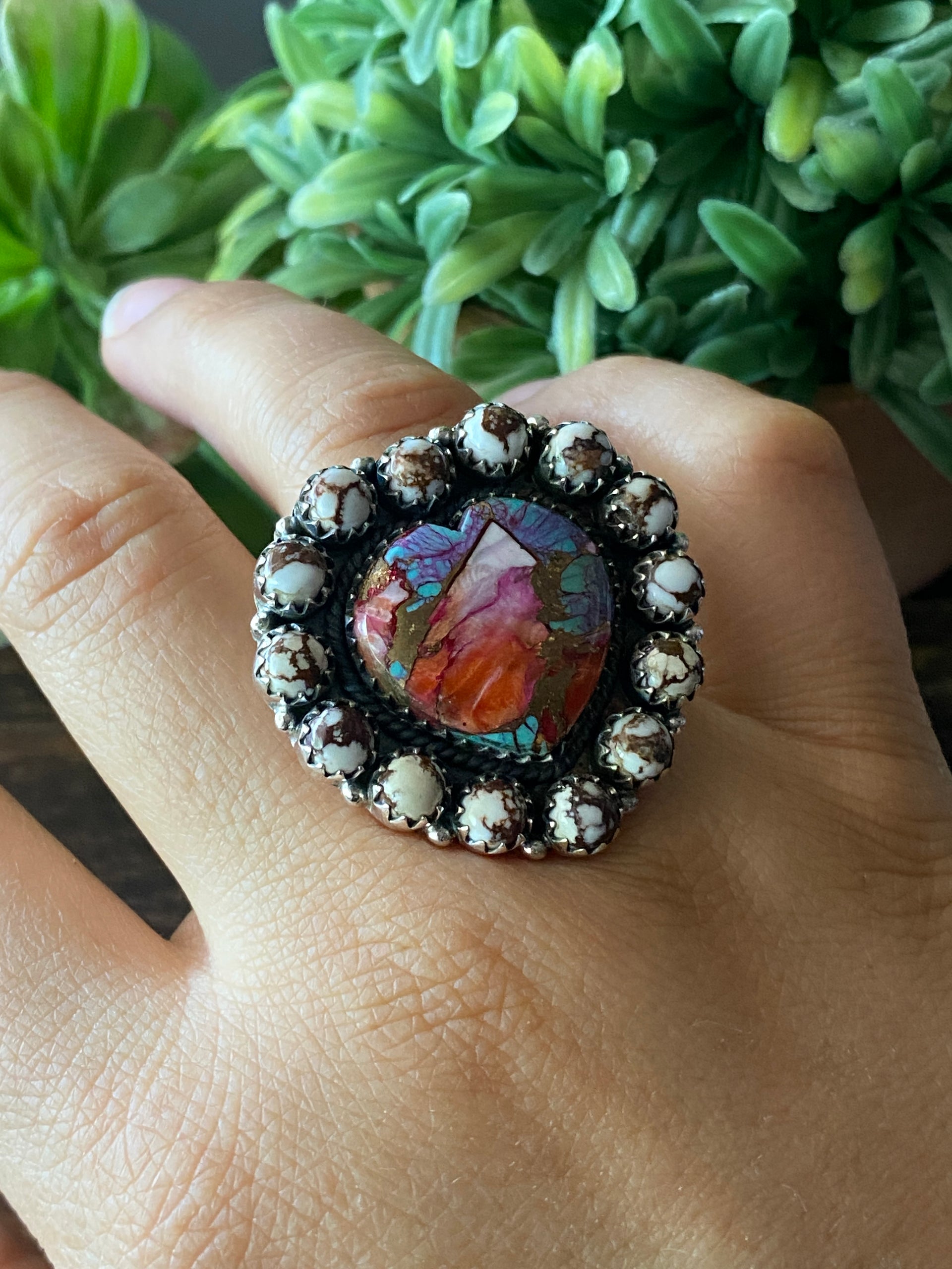 Southwest Handmade Multi Stone & Sterling Silver Adjustable Cluster Ring