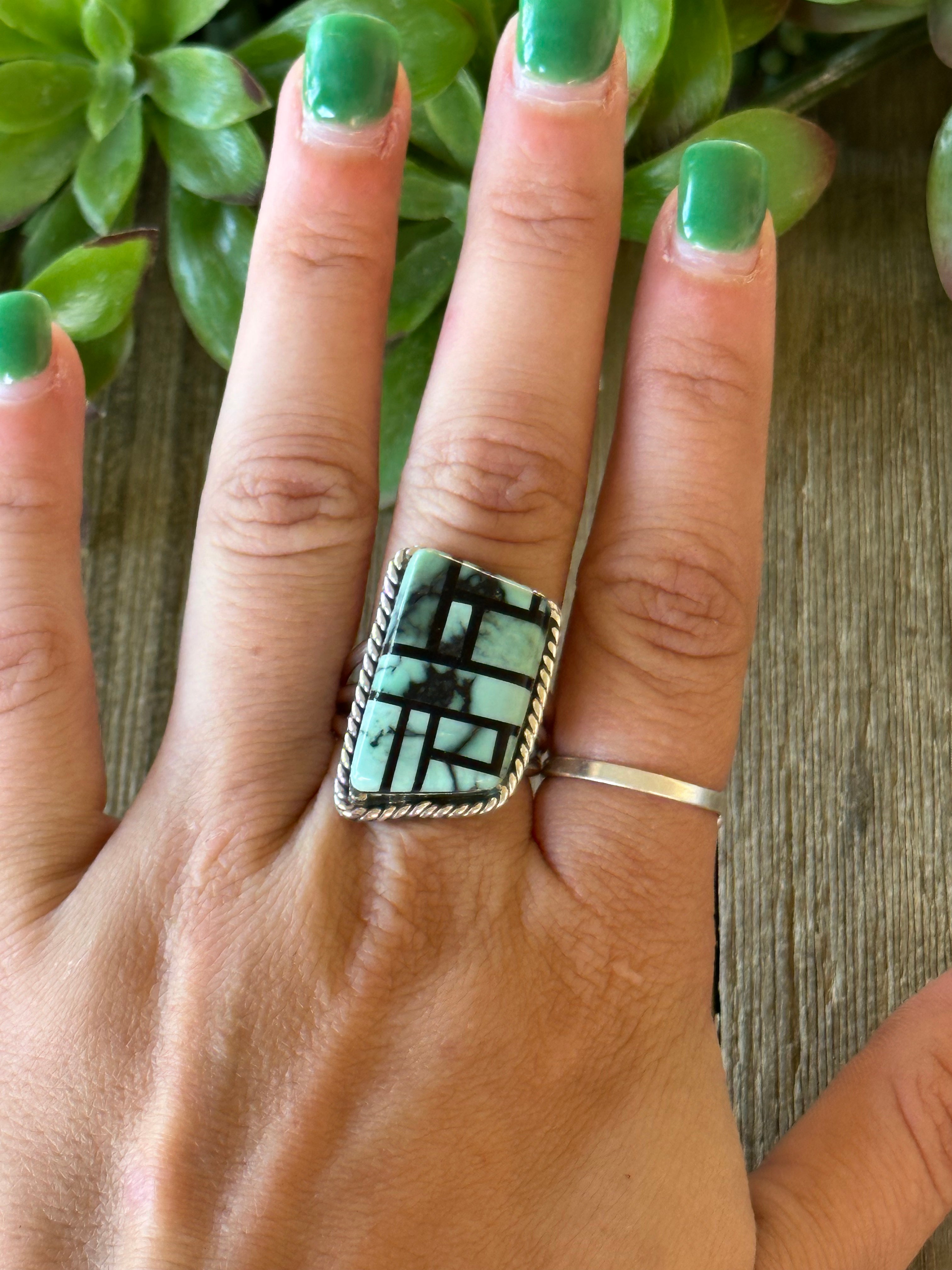 Navajo Made Variscite & Sterling Silver Inlay Ring Size 8.75