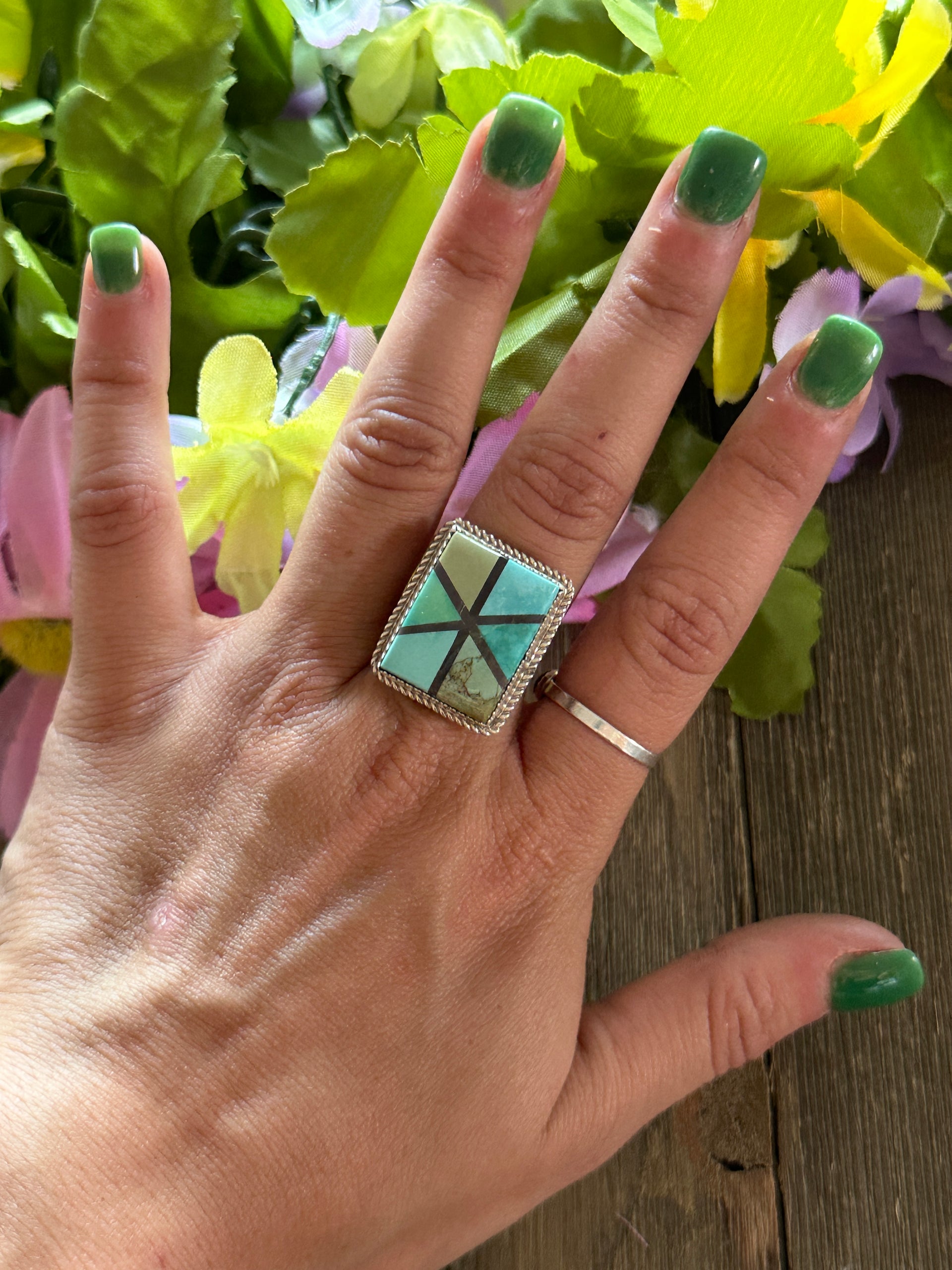 Reda Galvan Carico Lake Turquoise & Sterling Silver Inlay Ring Size 7.5