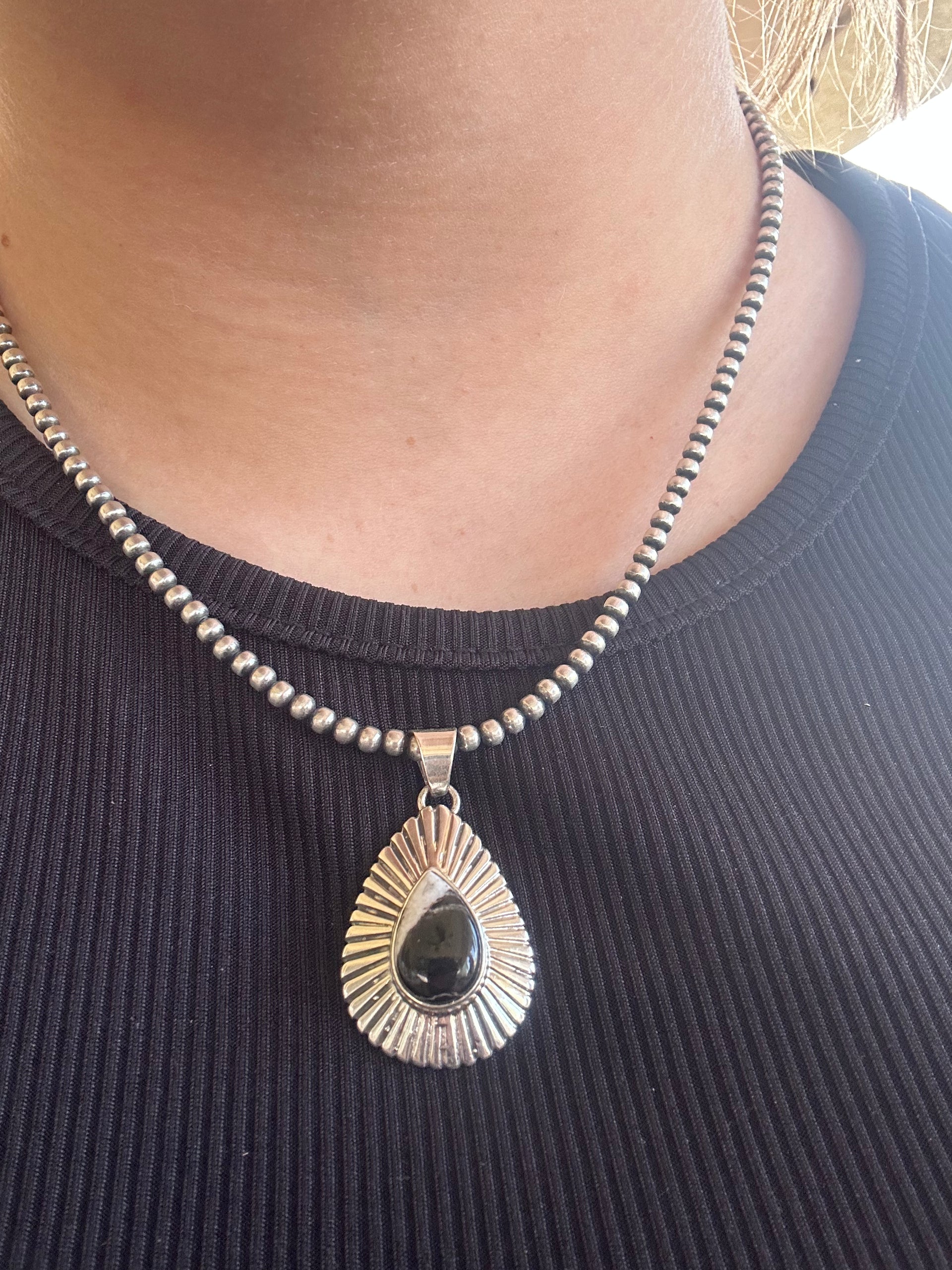 Navajo Made White  Buffalo & Sterling Silver Pendant