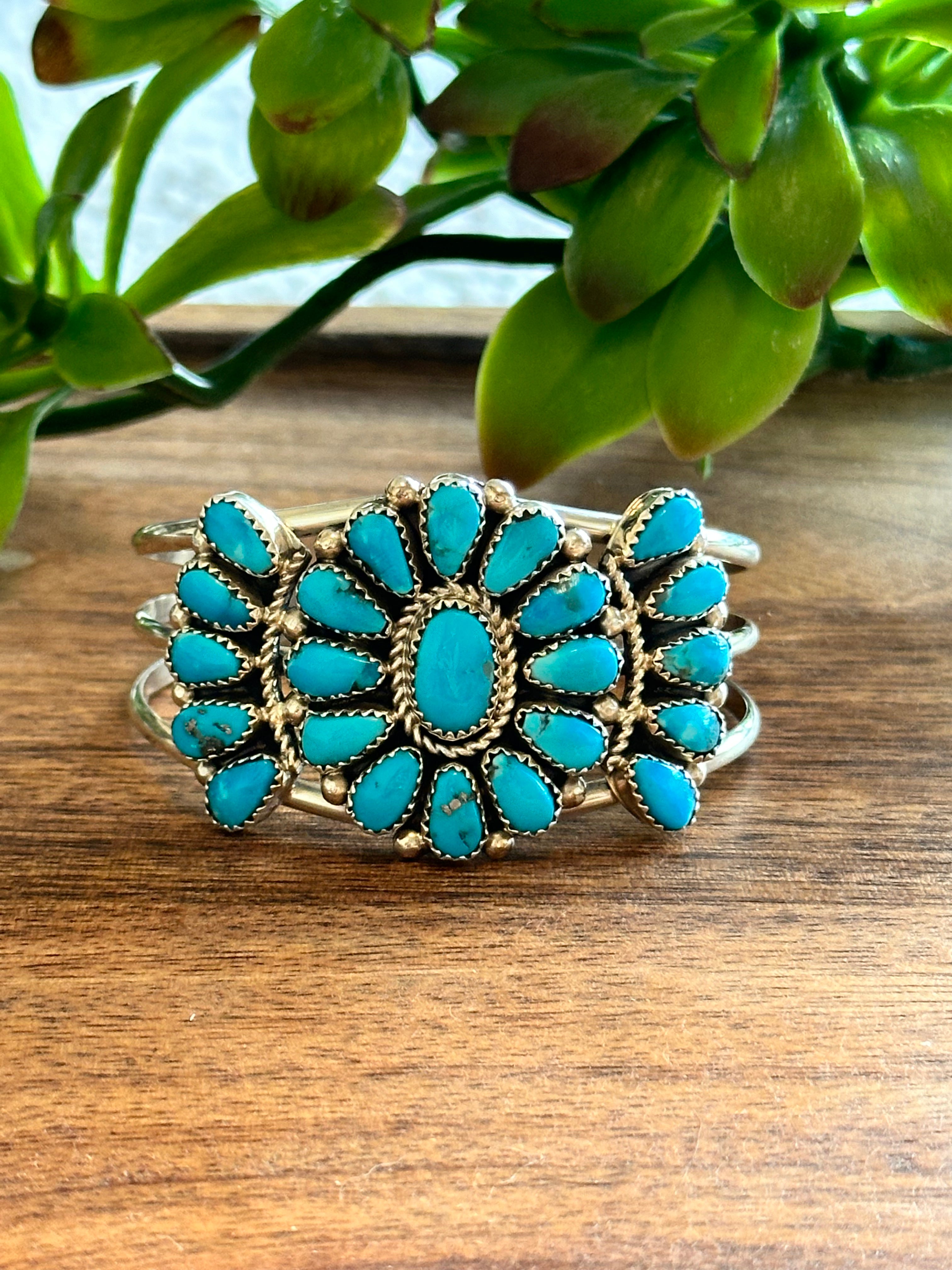 Eunis Tso Kingman Turquoise & Sterling Silver Cluster Cuff Bracelet