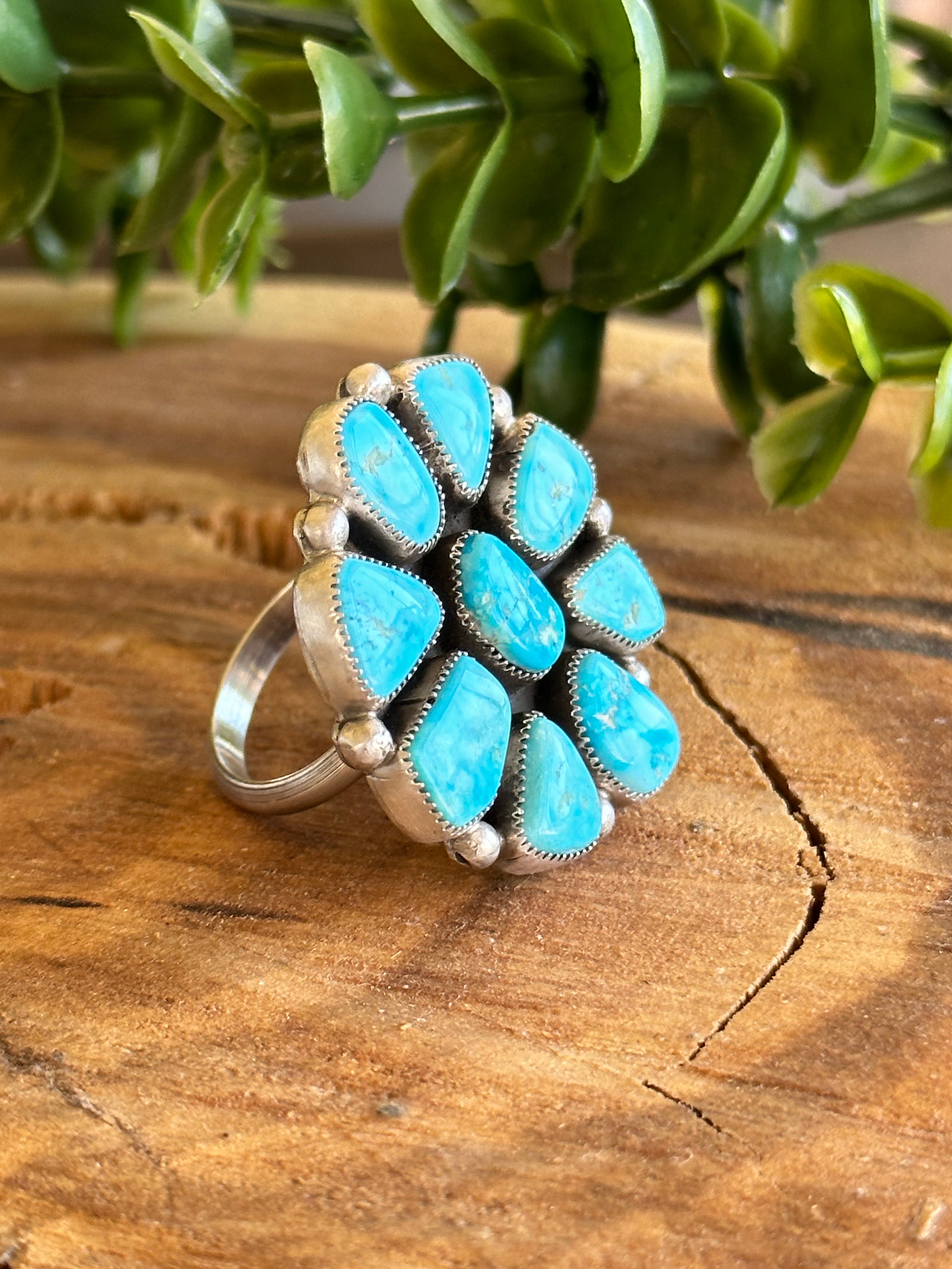 Virginia Sandoval Kingman Turquoise & Sterling Silver Adjustable Cluster Ring