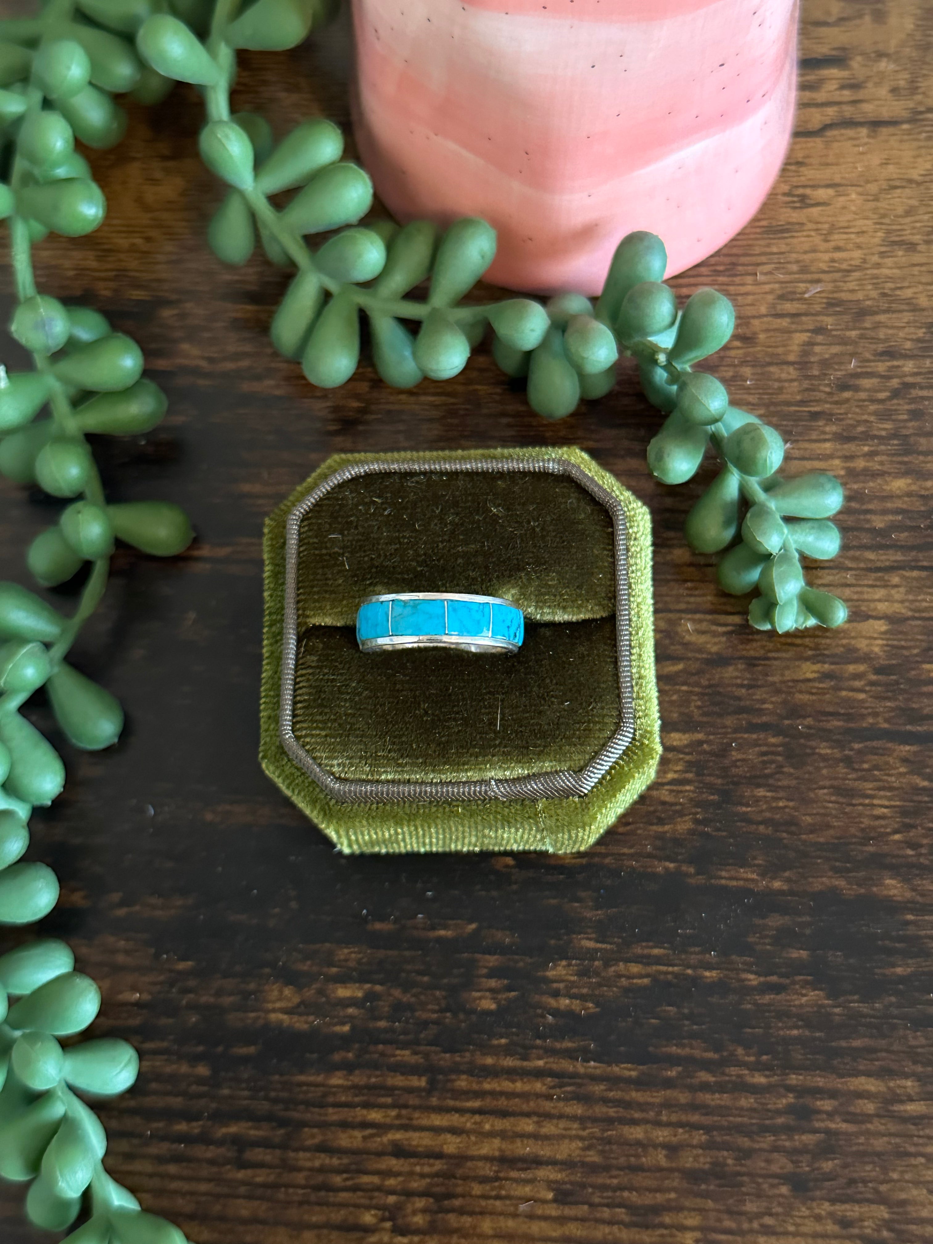 Navajo Made Kingman Turquoise & Sterling Silver Inlay Ring