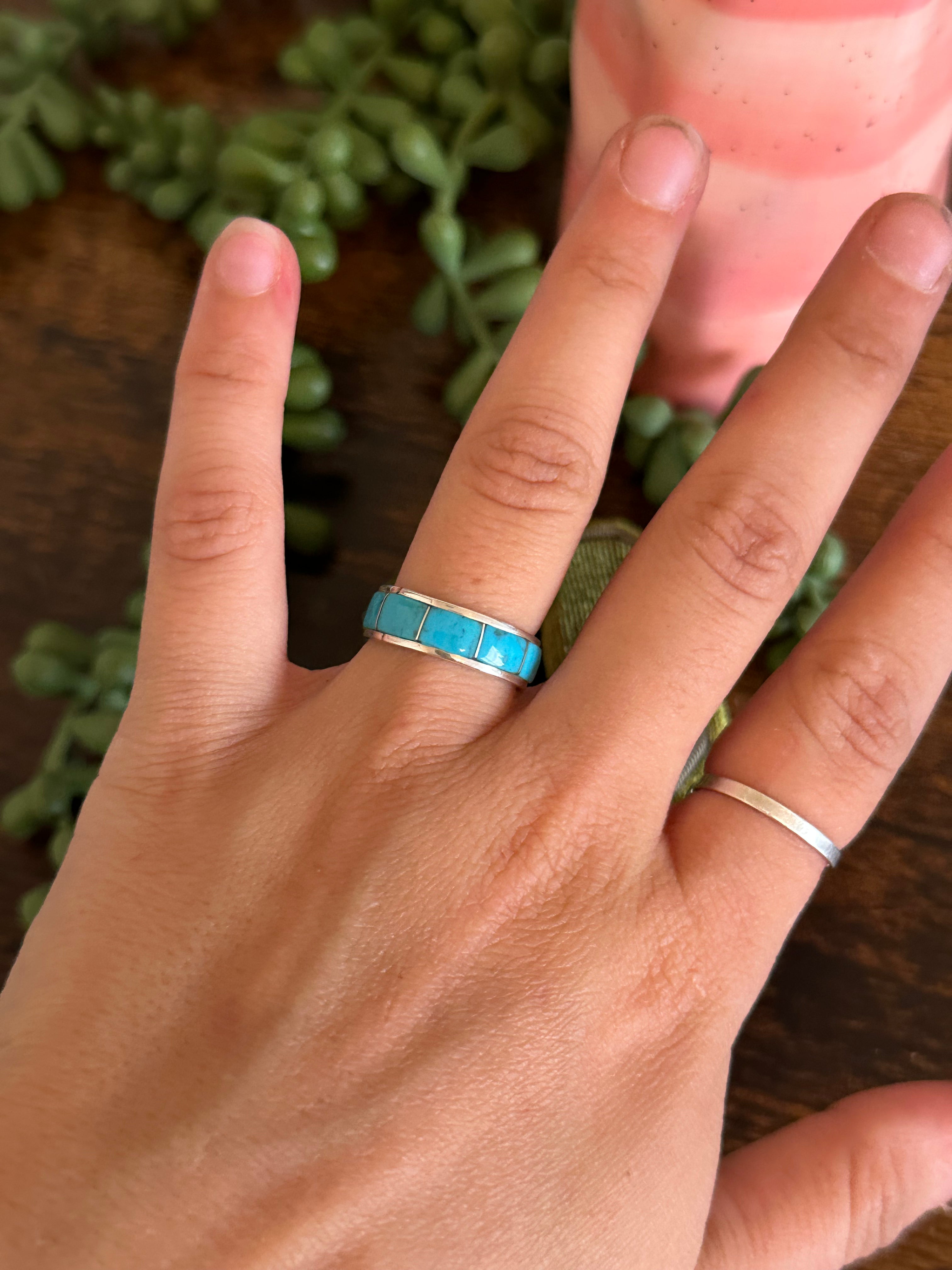 Navajo Made Kingman Turquoise & Sterling Silver Inlay Ring