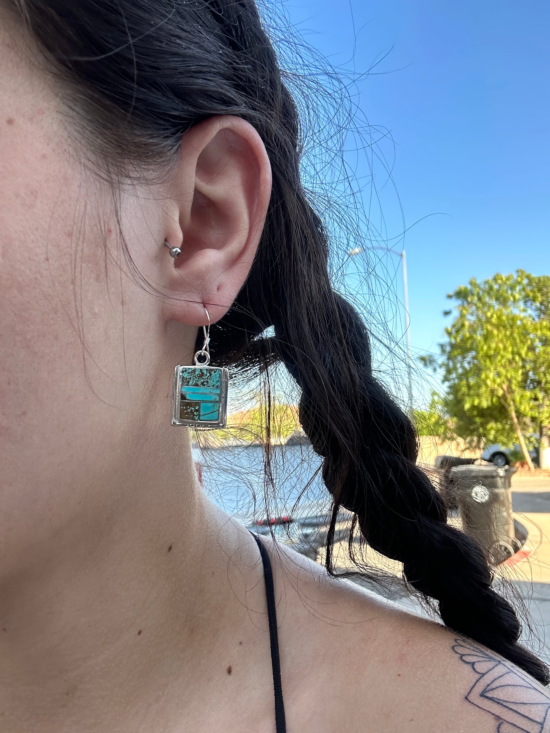 Navajo Made #8 Turquoise  & Sterling Silver Dangle Inlay Earrings