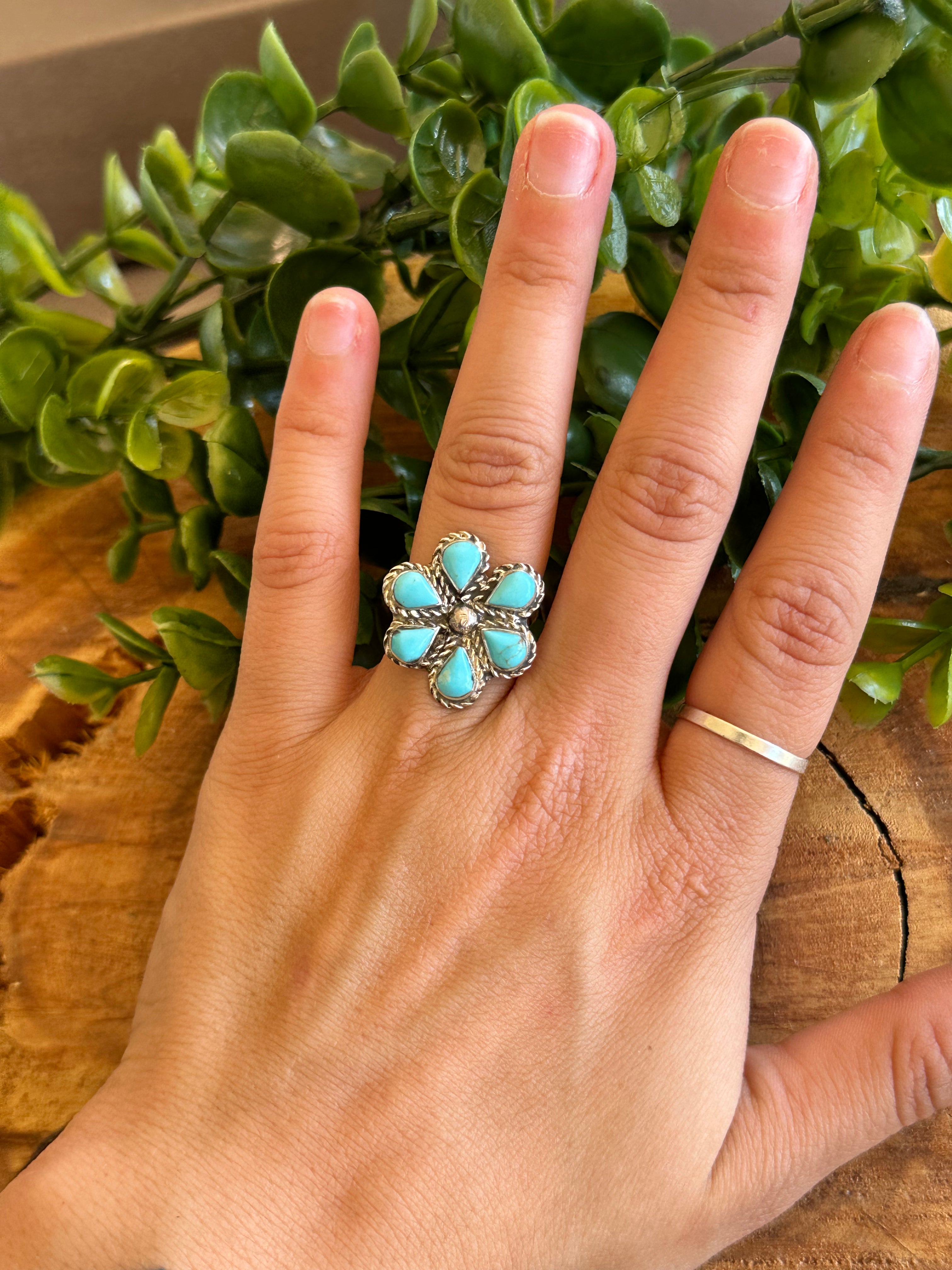 Merle House Kingman Turquoise & Sterling Silver Cluster Ring Size 6.25