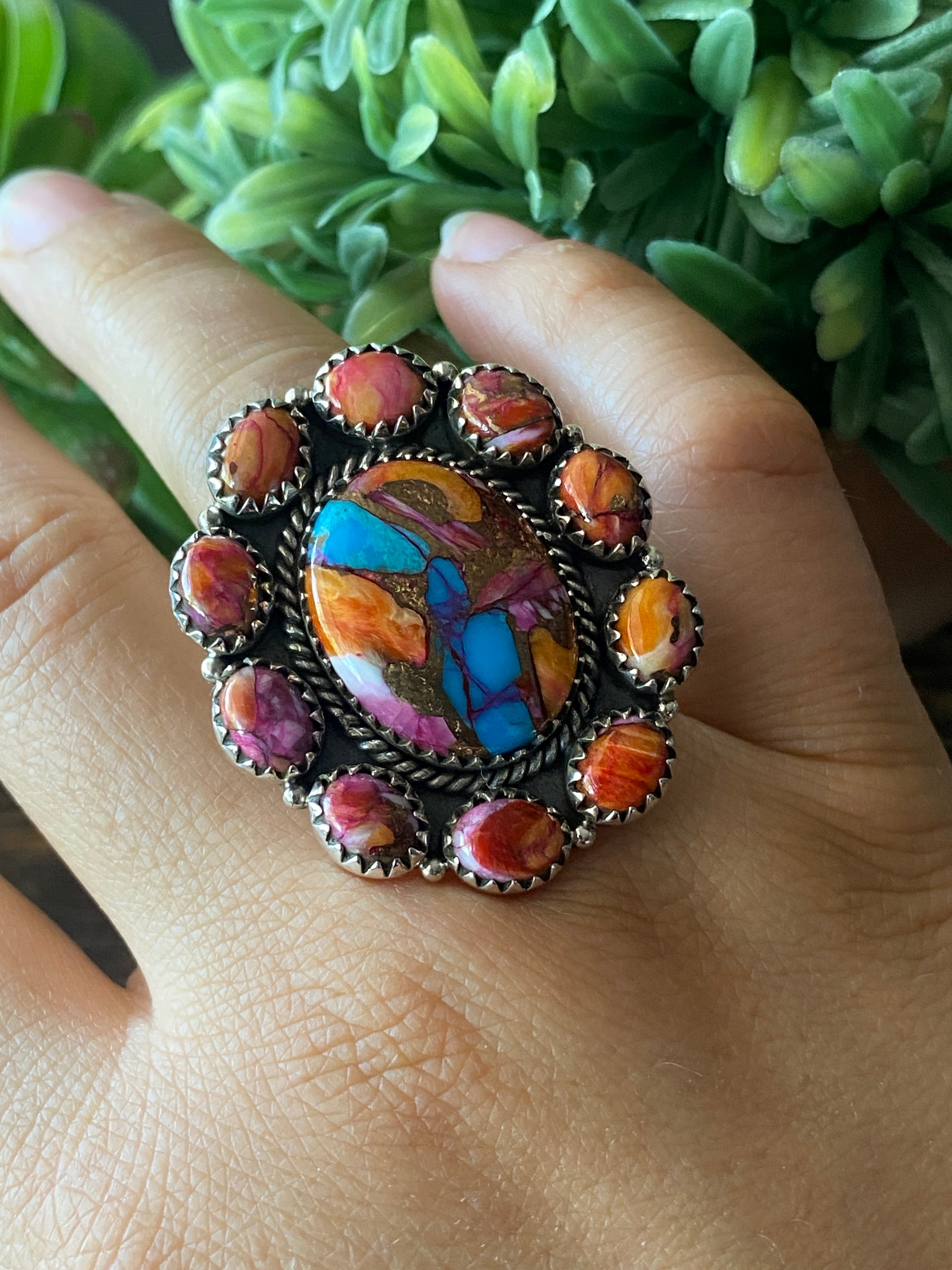 Southwest Handmade Multi Stone & Sterling Silver Adjustable Cluster Ring