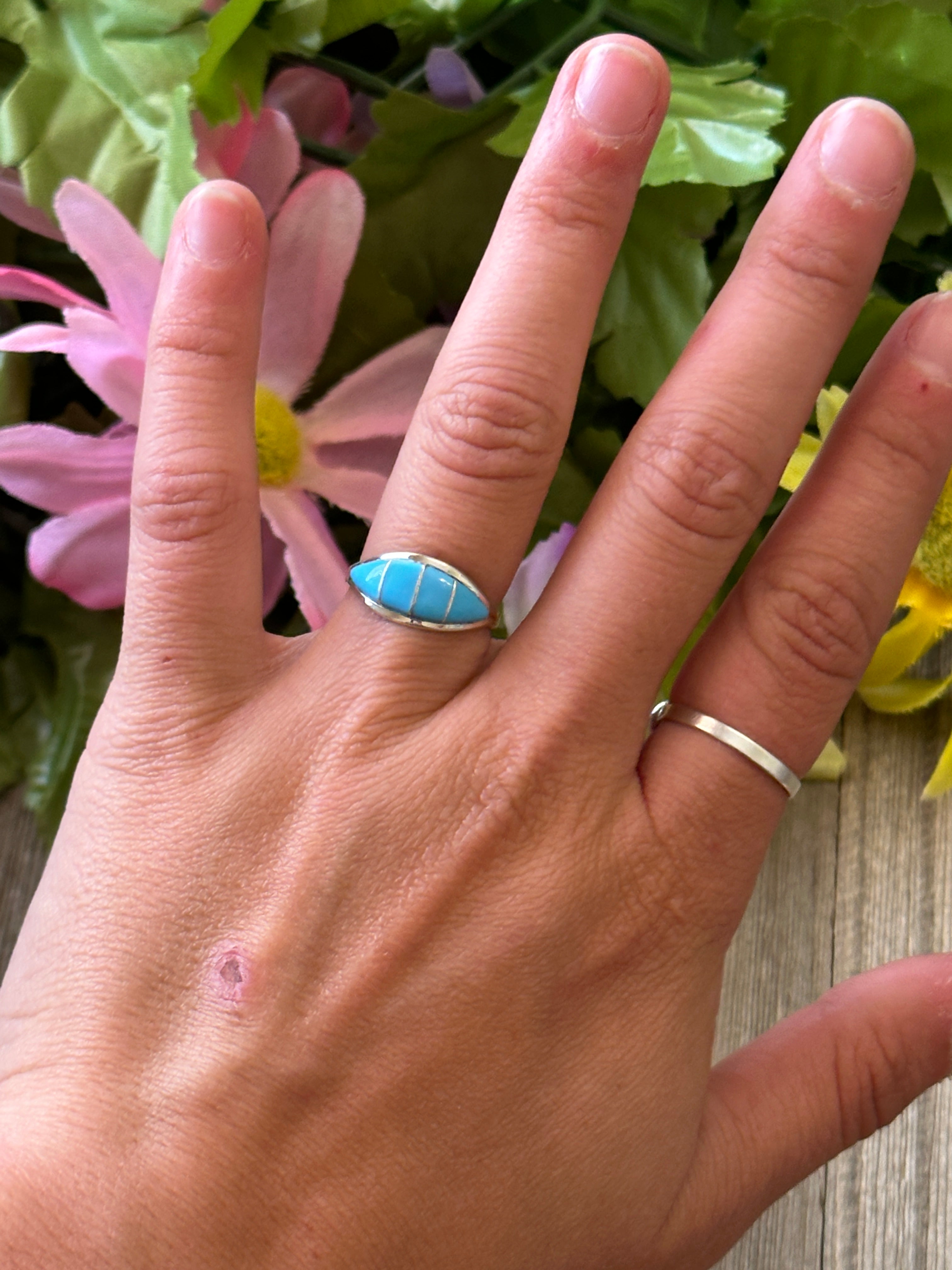 Navajo Made Turquoise & Sterling Silver Inlay Ring