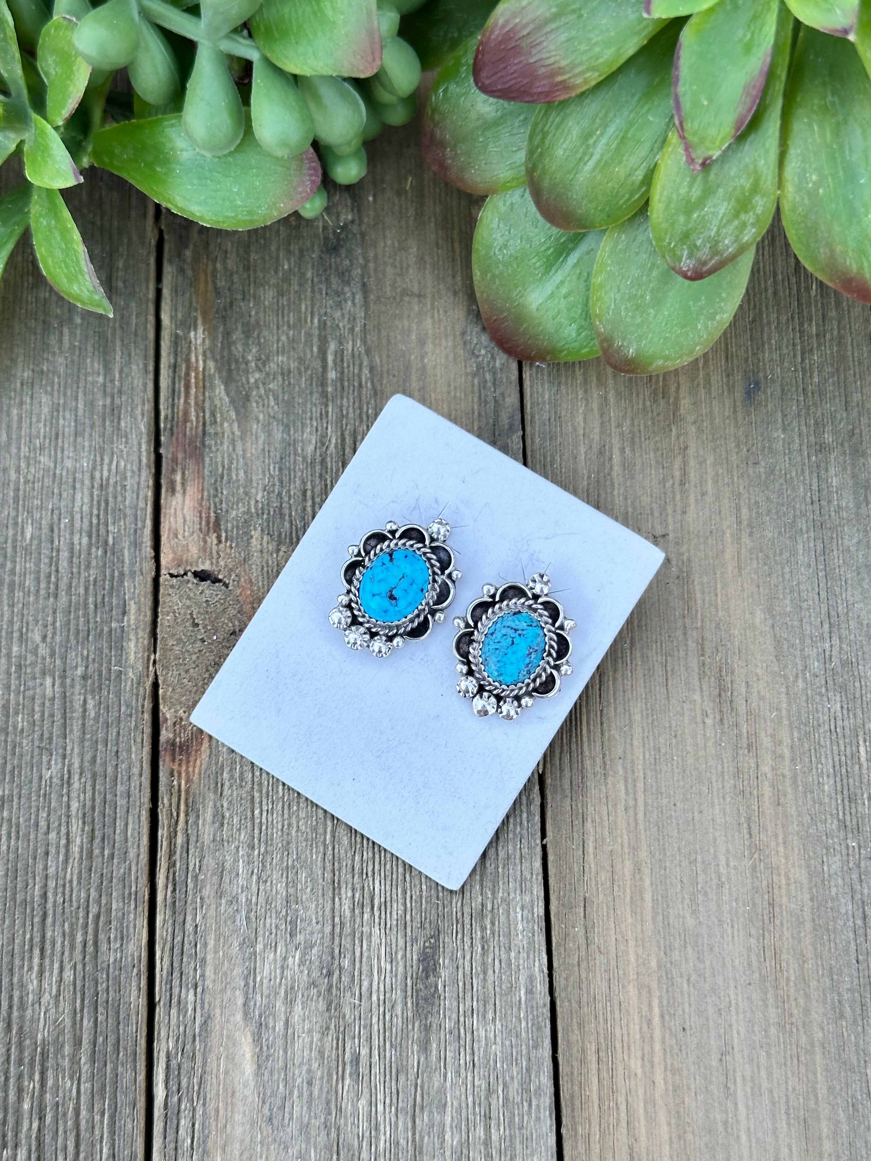 Navajo Made Kingman Turquoise & Sterling Silver Post Earrings