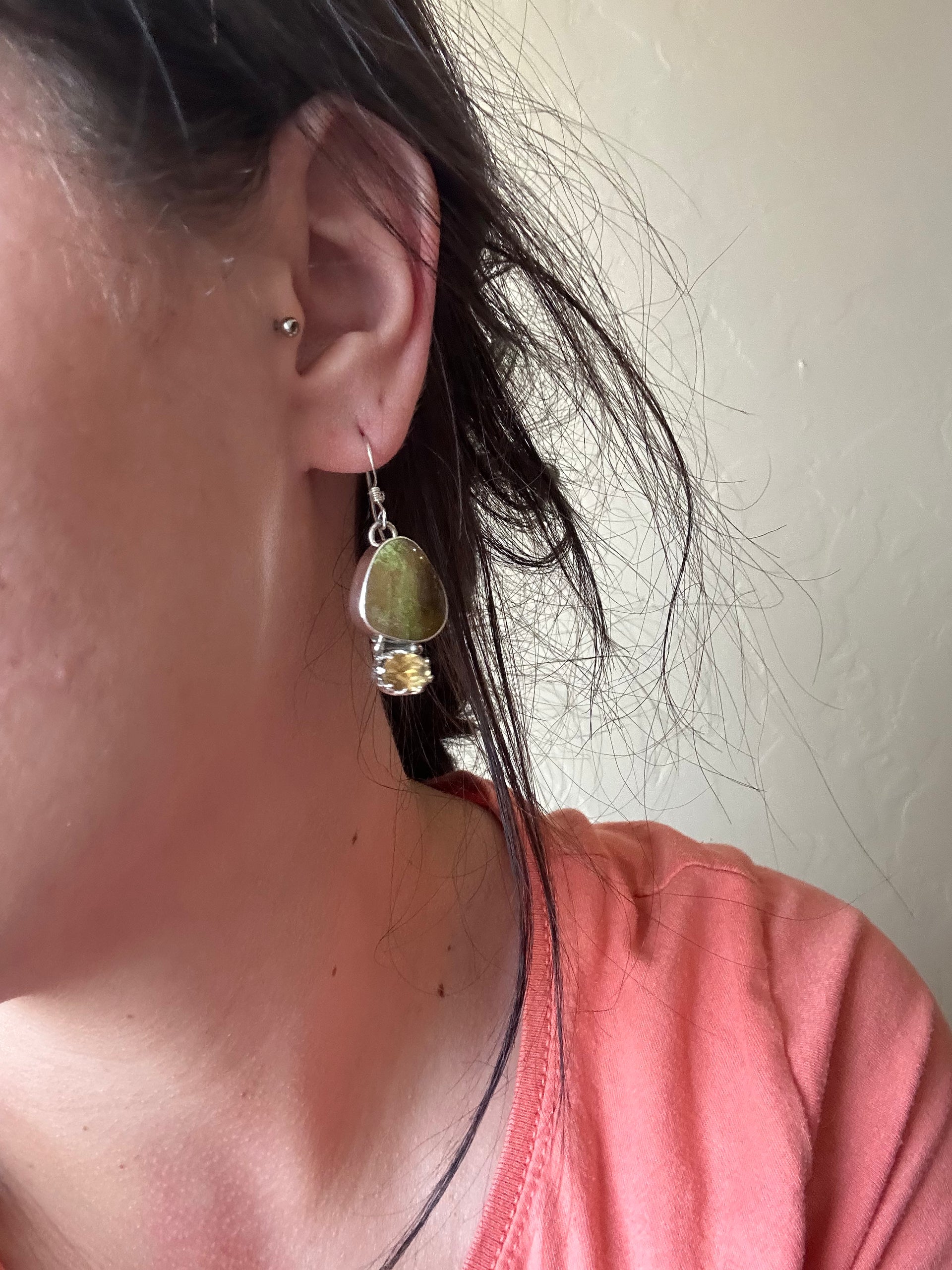 Navajo Made Multi Stone & Sterling Silver Dangle Earrings