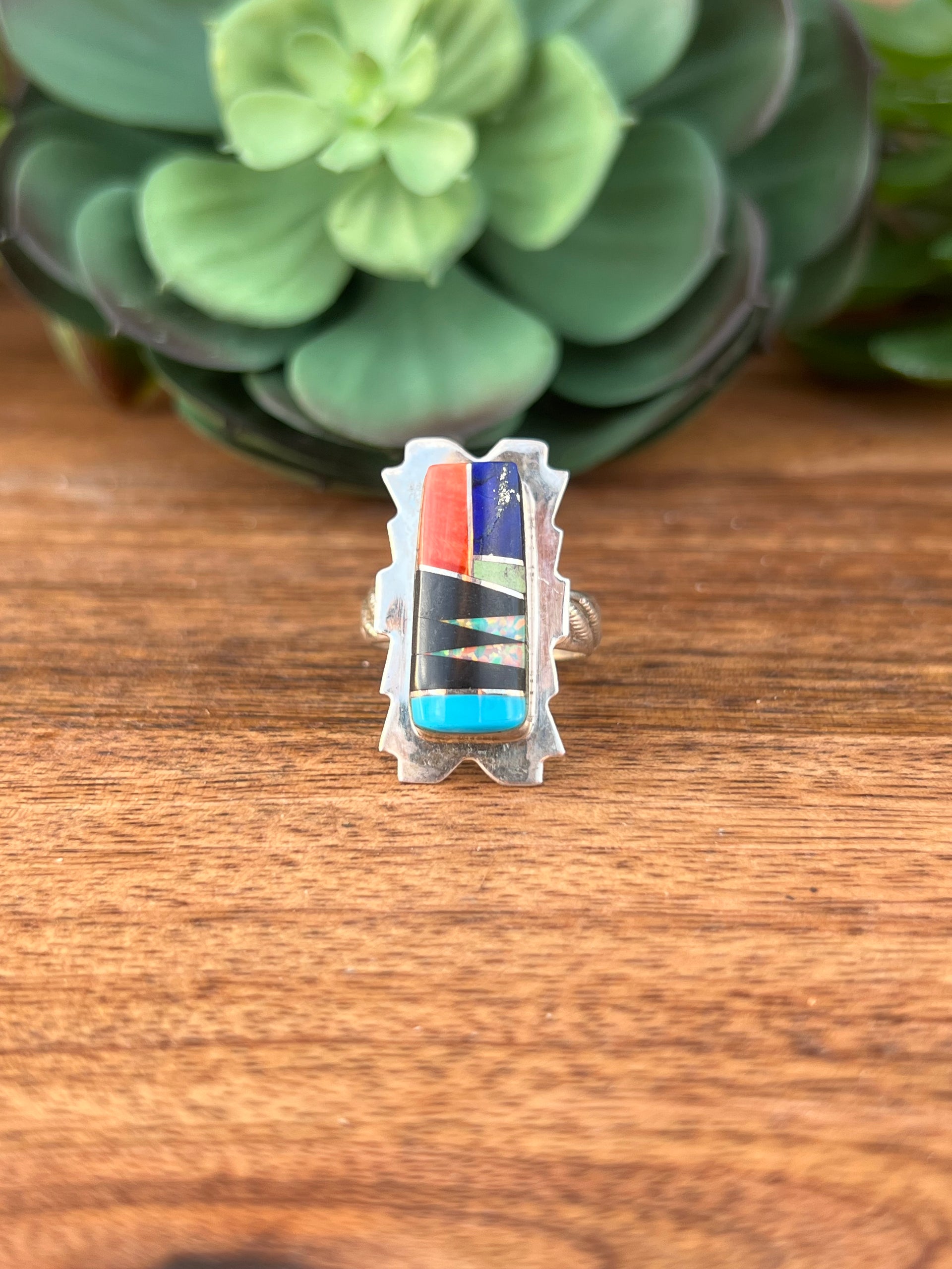 Navajo Multi Stone & Sterling Silver Inlay Ring Size 9