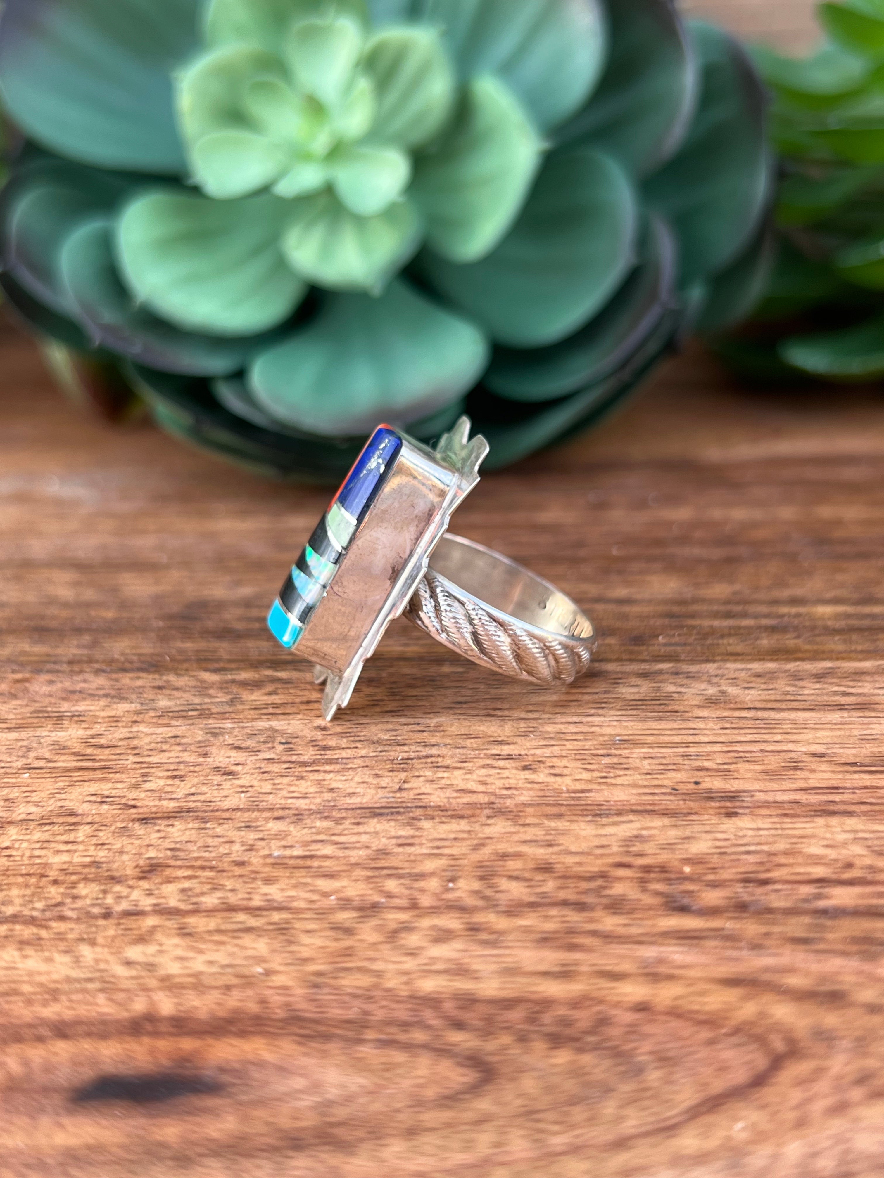 Navajo Multi Stone & Sterling Silver Inlay Ring Size 9