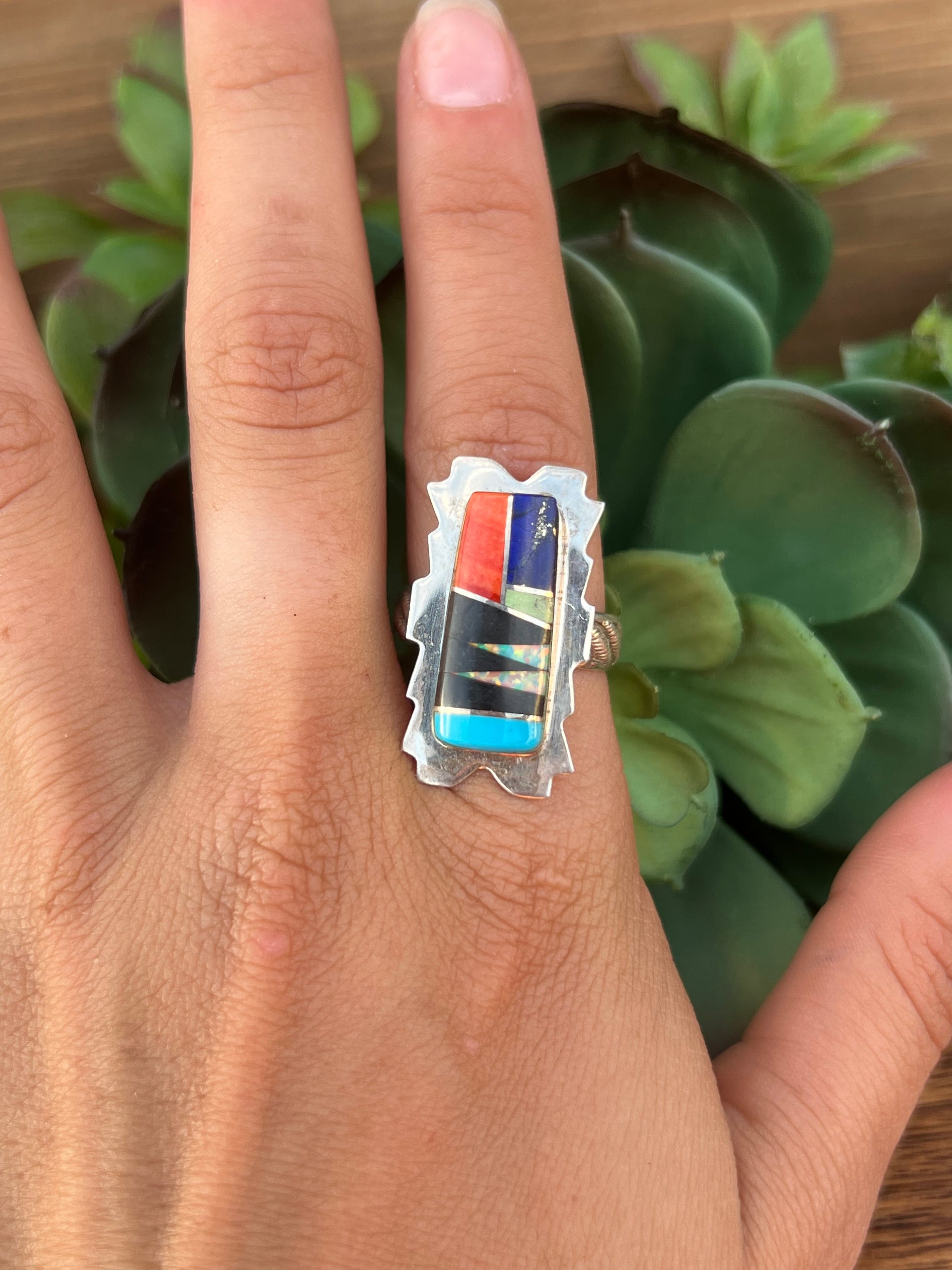 Navajo Multi Stone & Sterling Silver Inlay Ring Size 9