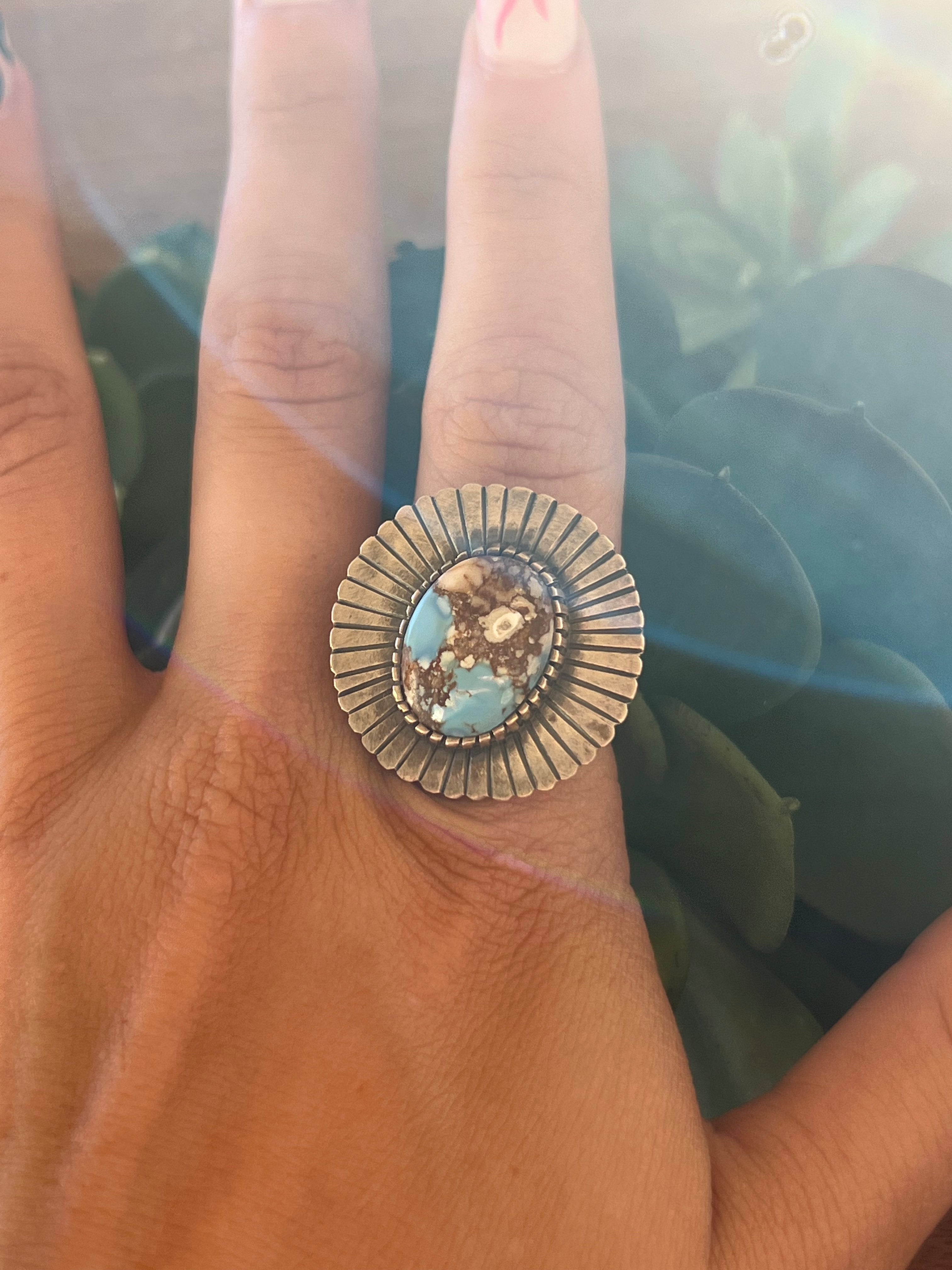 Navajo Golden Hill’s Turquoise & Sterling Silver Ring Size 7.75